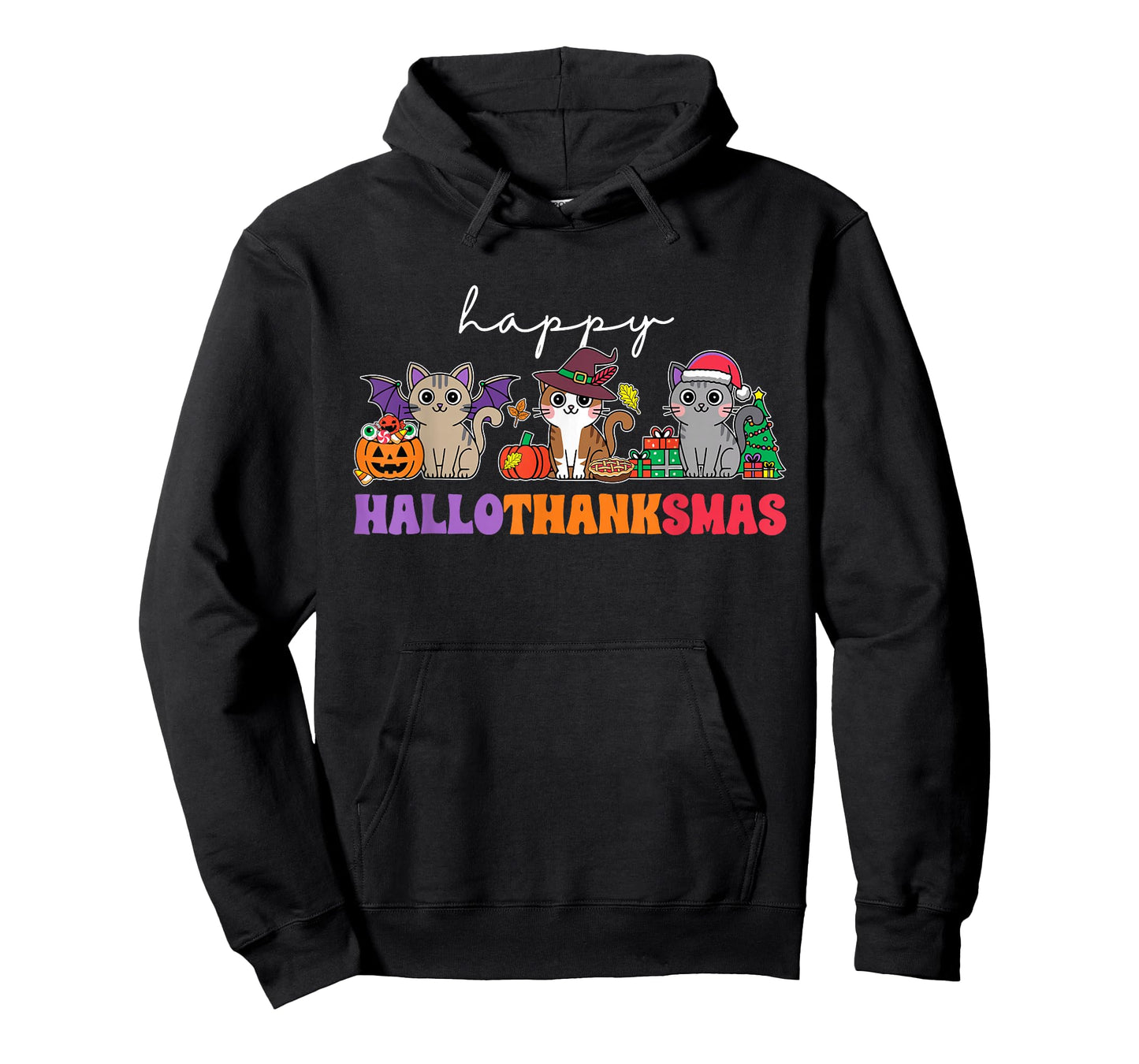 HalloThanksMas Cats T-Shirt: Unisex-Adults, Unisex-Kids, Black, Small, Short Sleeve, T-Shirt, Halloween, Thanksgiving, Christmas, Fall, Winter, Autumn