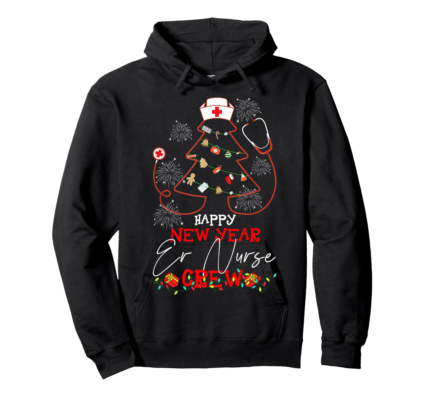 Christmas T-Shirt - Happy New Year ER Nurse Crew Reindeer Nurse - Black, Small - Women-Adults