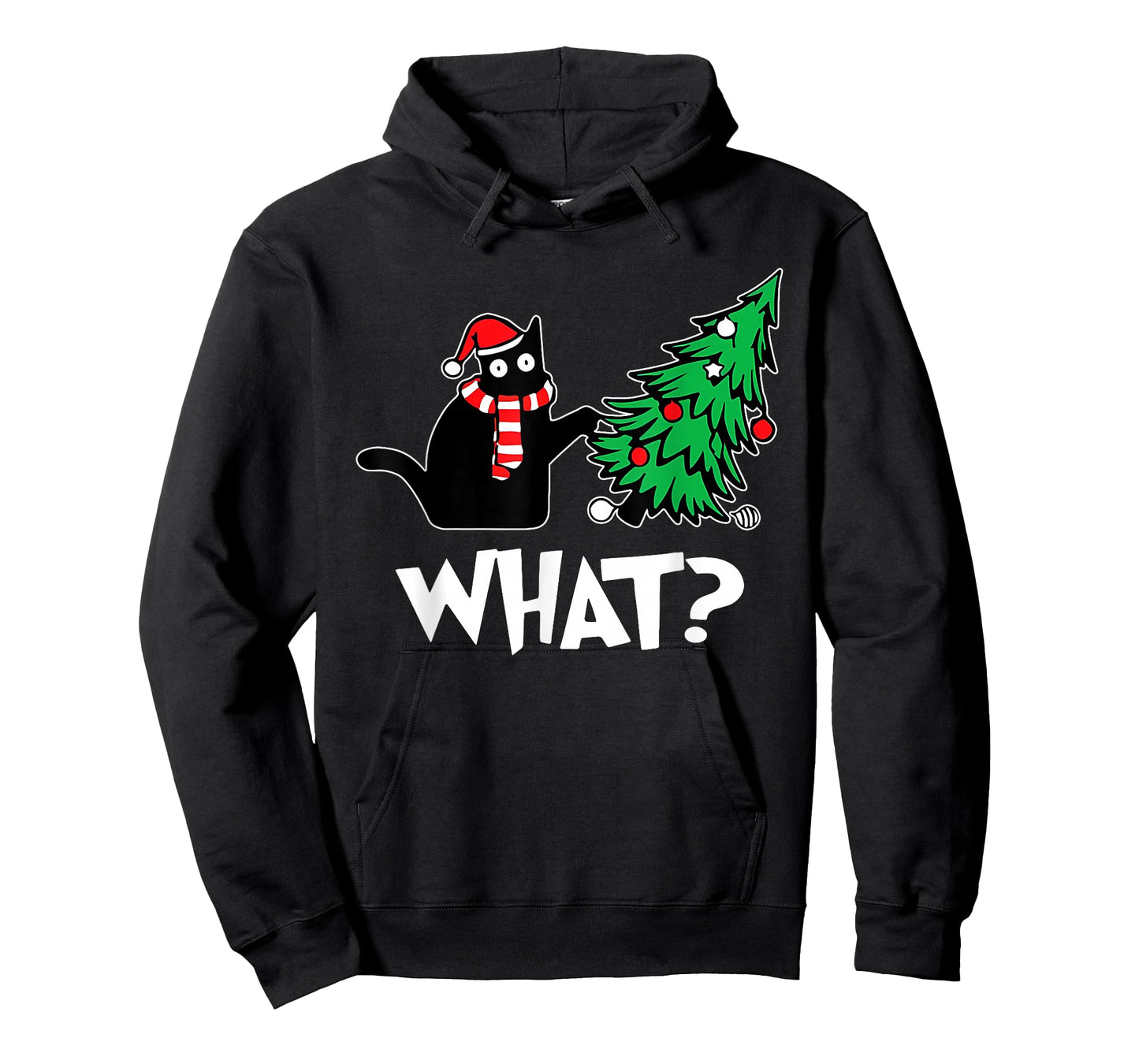 Funny Black Cat Xmas Pushing Christmas Tree Over Cat What? T-Shirt