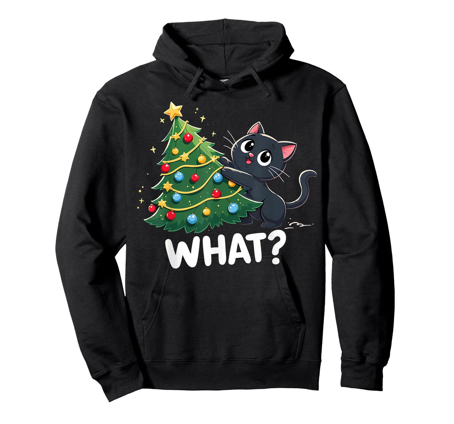 Black Cat Pushing Christmas Tree Knocking Over What? Funny T-Shirt for Men Women Kids