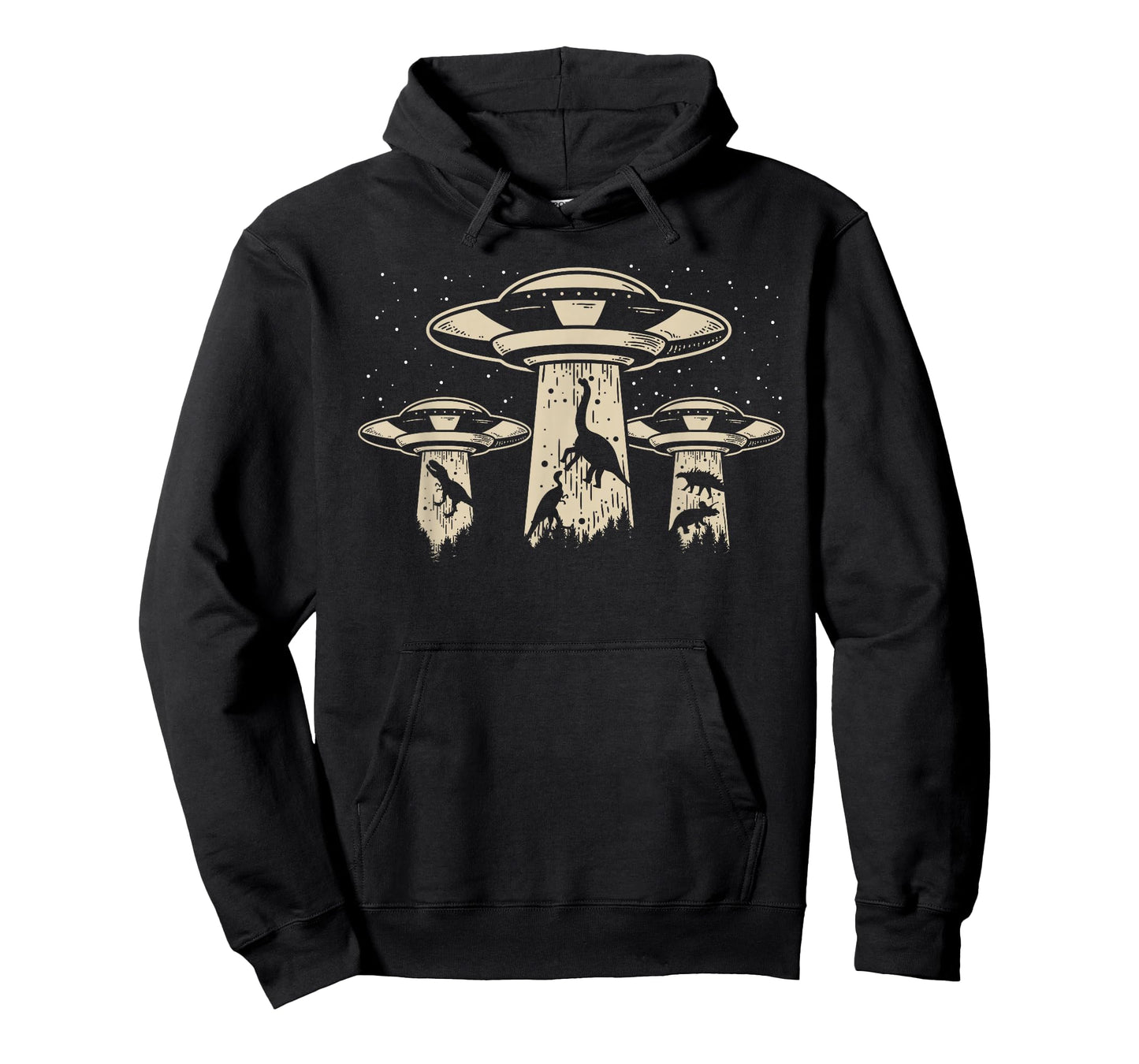 Wowsome! Alien UFO Abduction Dinosaur T-Shirt - Unisex-Adults/Kids - Black - Short Sleeve - Classic Fit - Cotton/Polyester - Machine Wash - Small