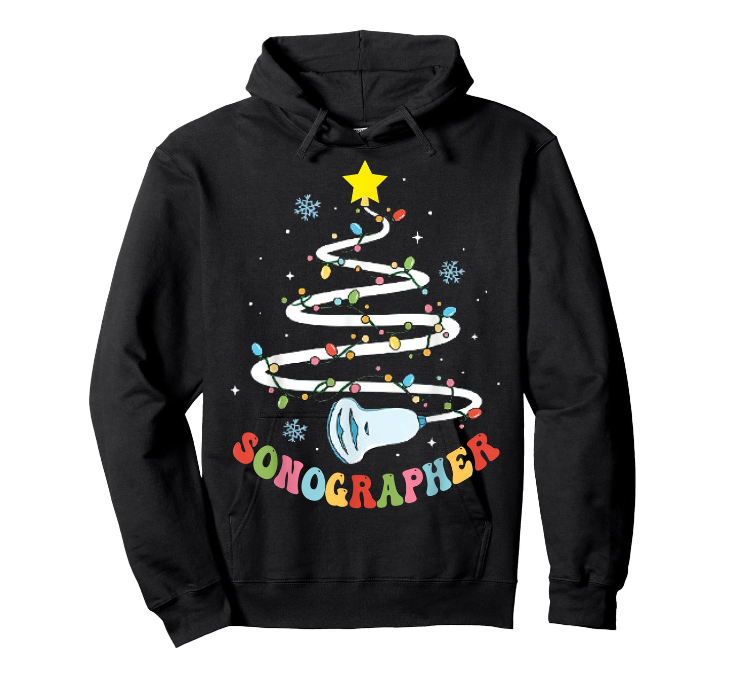 Christmas Sonography Tech, Holiday Sonographer Xmas Tree T-Shirt - Unisex-Adults, Black, Small
