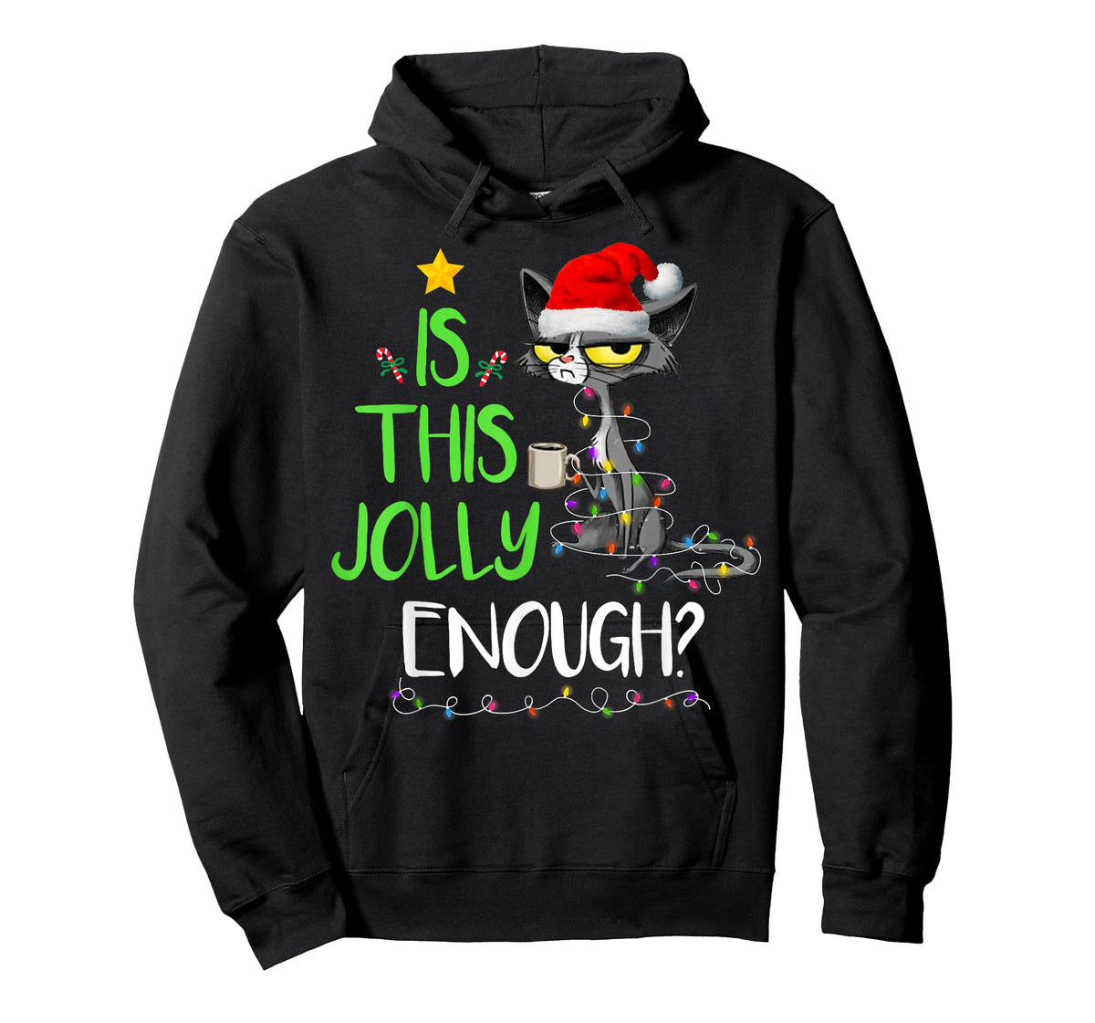 Is This Jolly Enough Black Cat Merry Christmas Tree Lights T-Shirt for Men Women Kids
