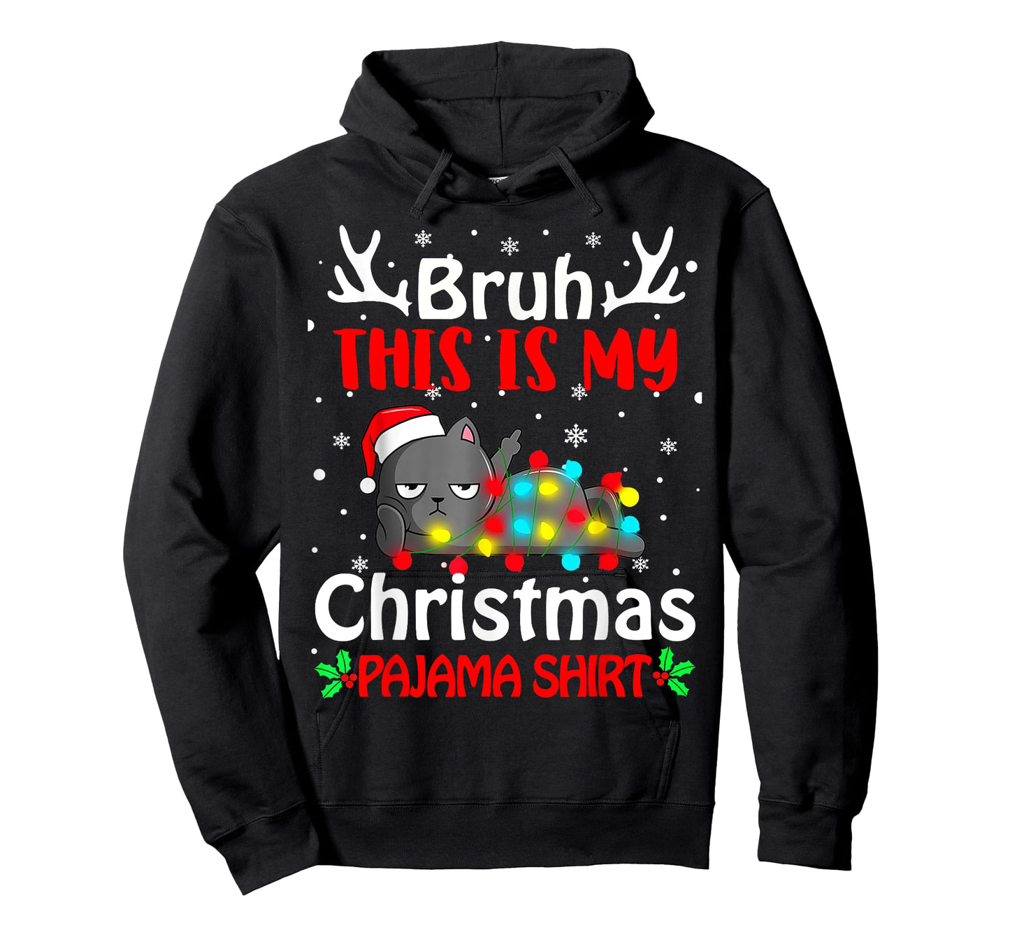 Bruh This Is My Christmas Pajama Shirt Funny Cat Xmas Lights T-Shirt