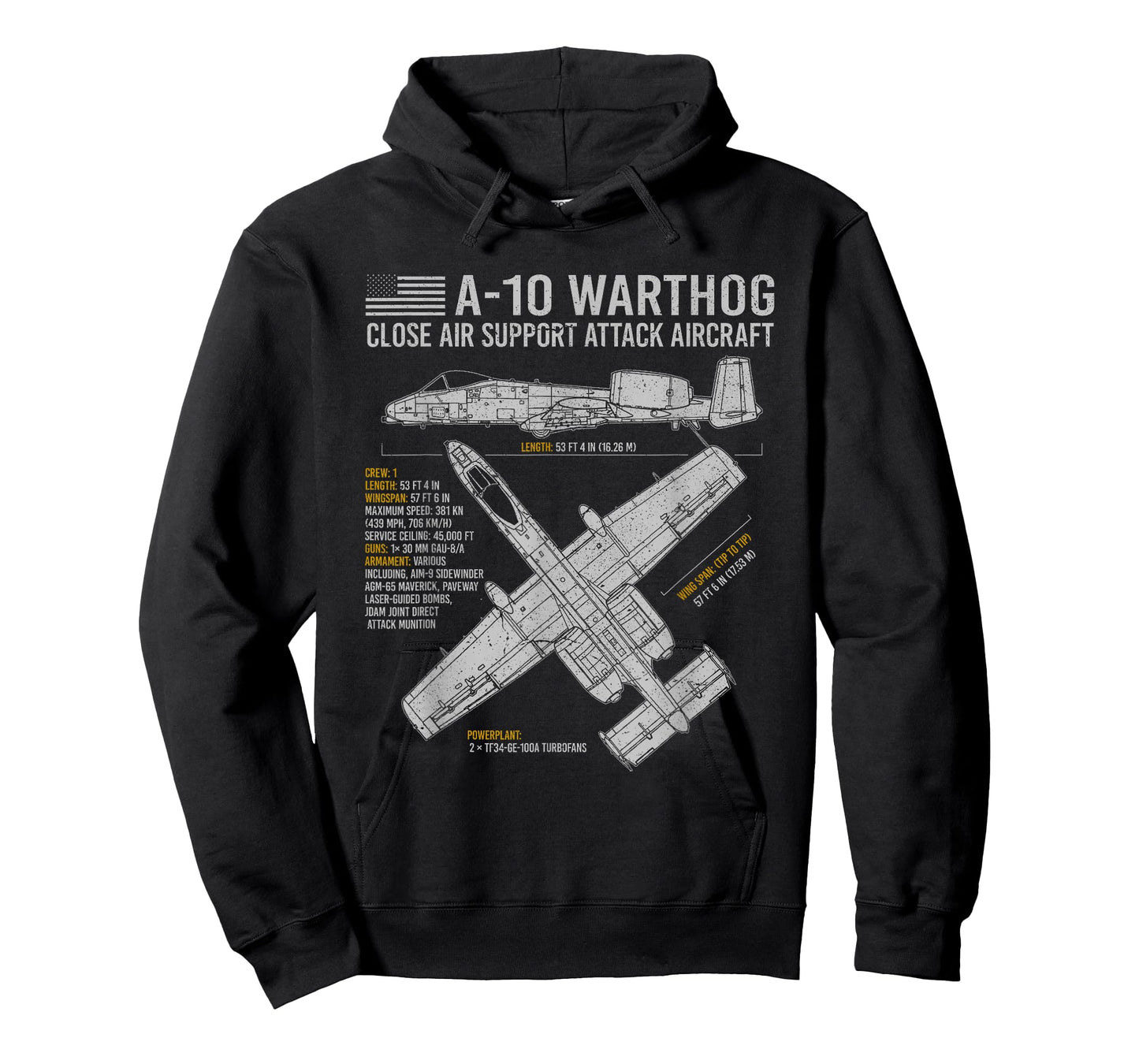 Aviation Geeks Store A-10 Warthog Thunderbolt II Aircraft Airplane Blueprint Fact T-Shirt