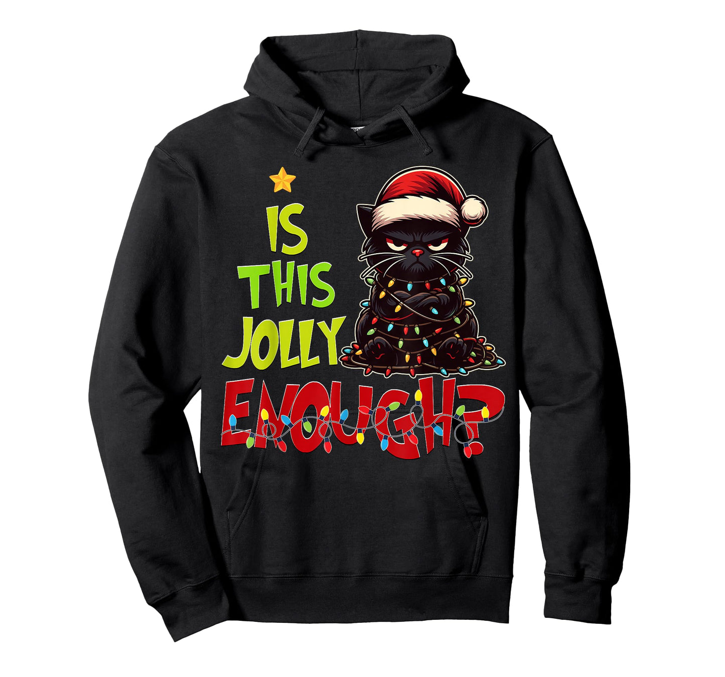 Black Cat Christmas Tree Lights Cute Santa Hat Xmas T-Shirt