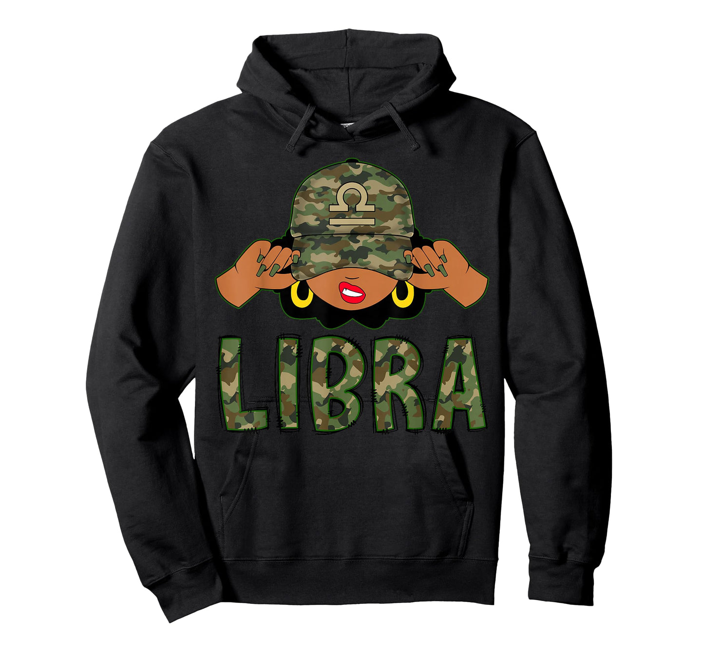 Libra Queen Black Woman With Camo Cap Afro Girl Zodiac T-Shirt