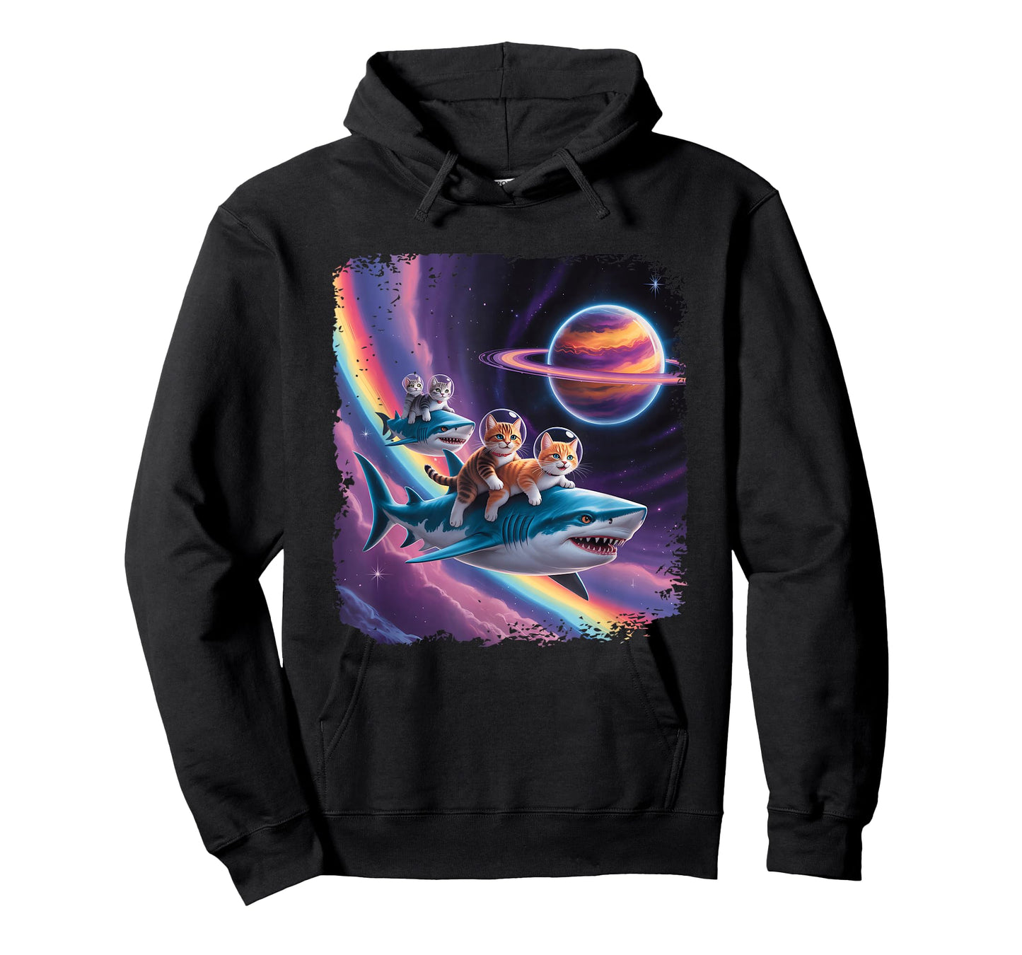 Rainbow Galaxy Cat Riding Shark in Space Sci-fi Space Planet T-Shirt