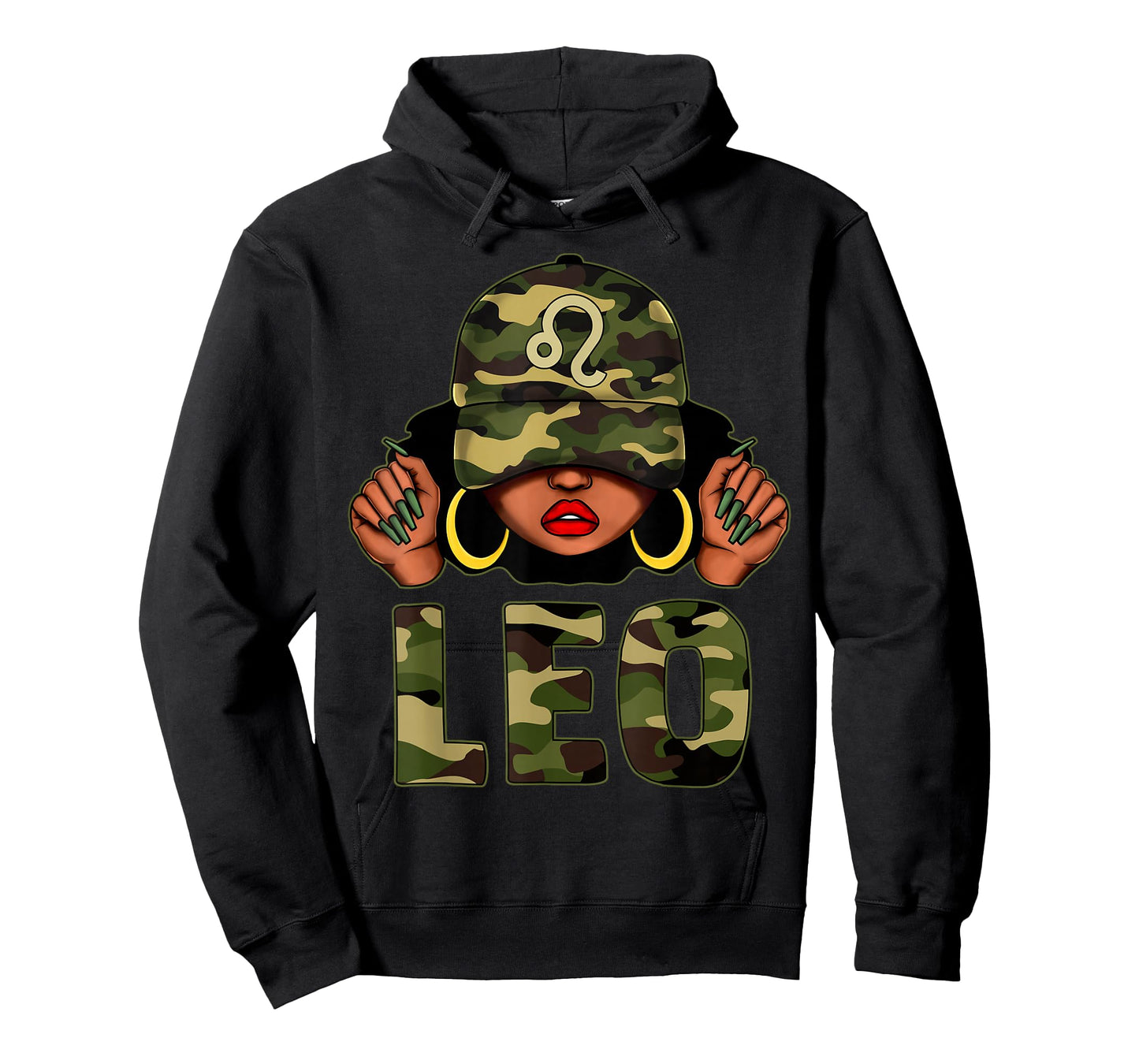 Leo Queen Black Woman with Cap Camo Afro Girl Zodiac T-Shirt