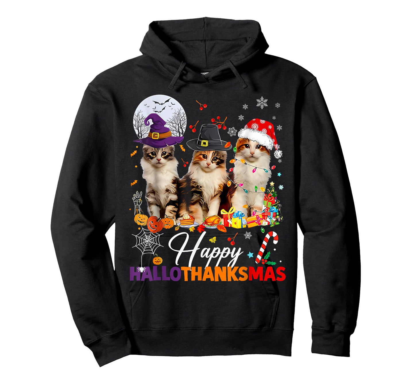 Happy Hallothanksmas Cute Cats Halloween Thanksgiving Xmas T-Shirt