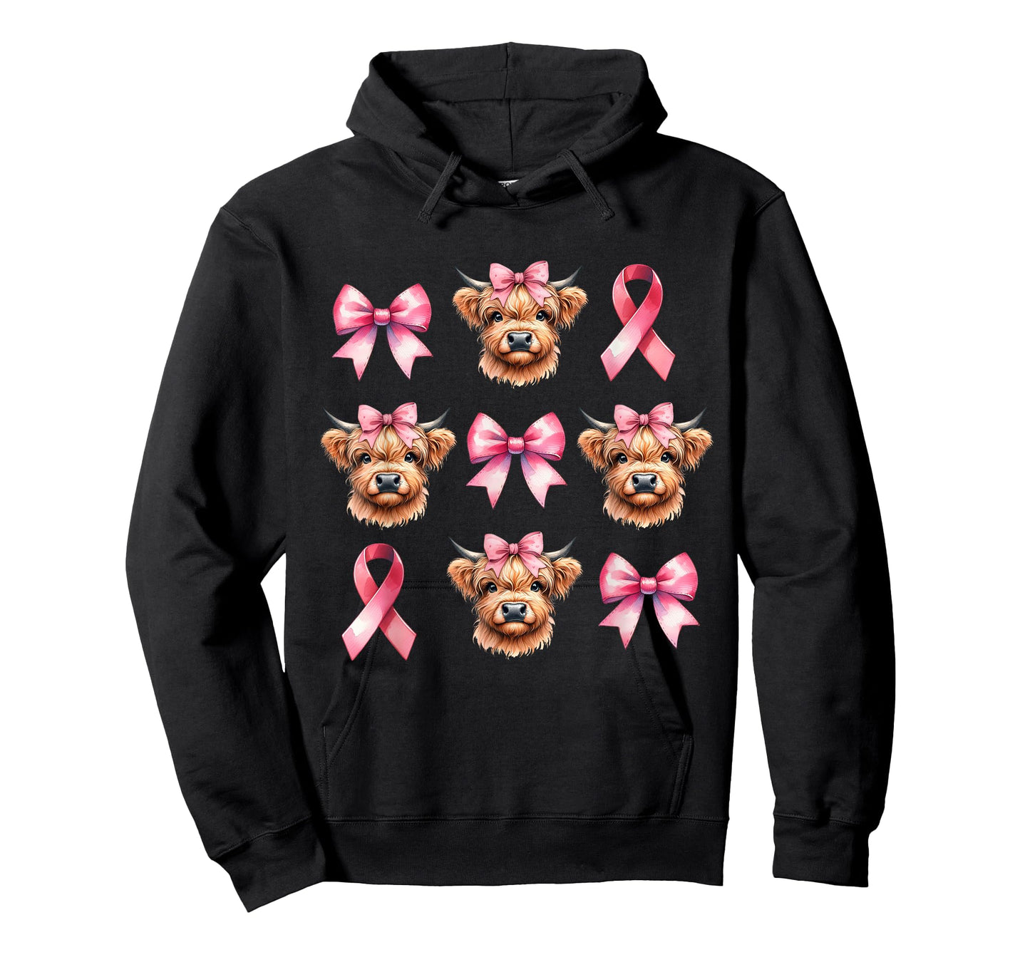 Coquette Bow Pink Ribbon Highland Cow Pink Breast Cancer T-Shirt