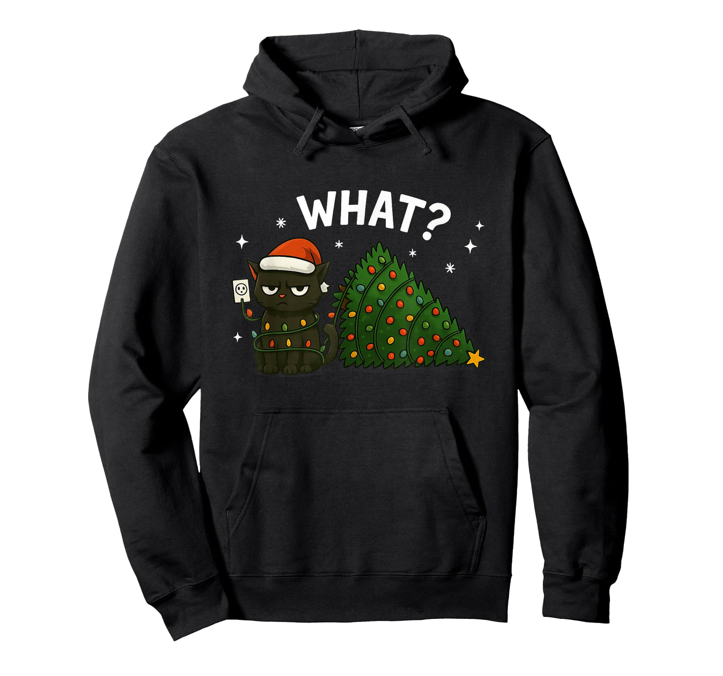 Funny Black Cat Pushing Christmas Tree Over Cat What? T-Shirt