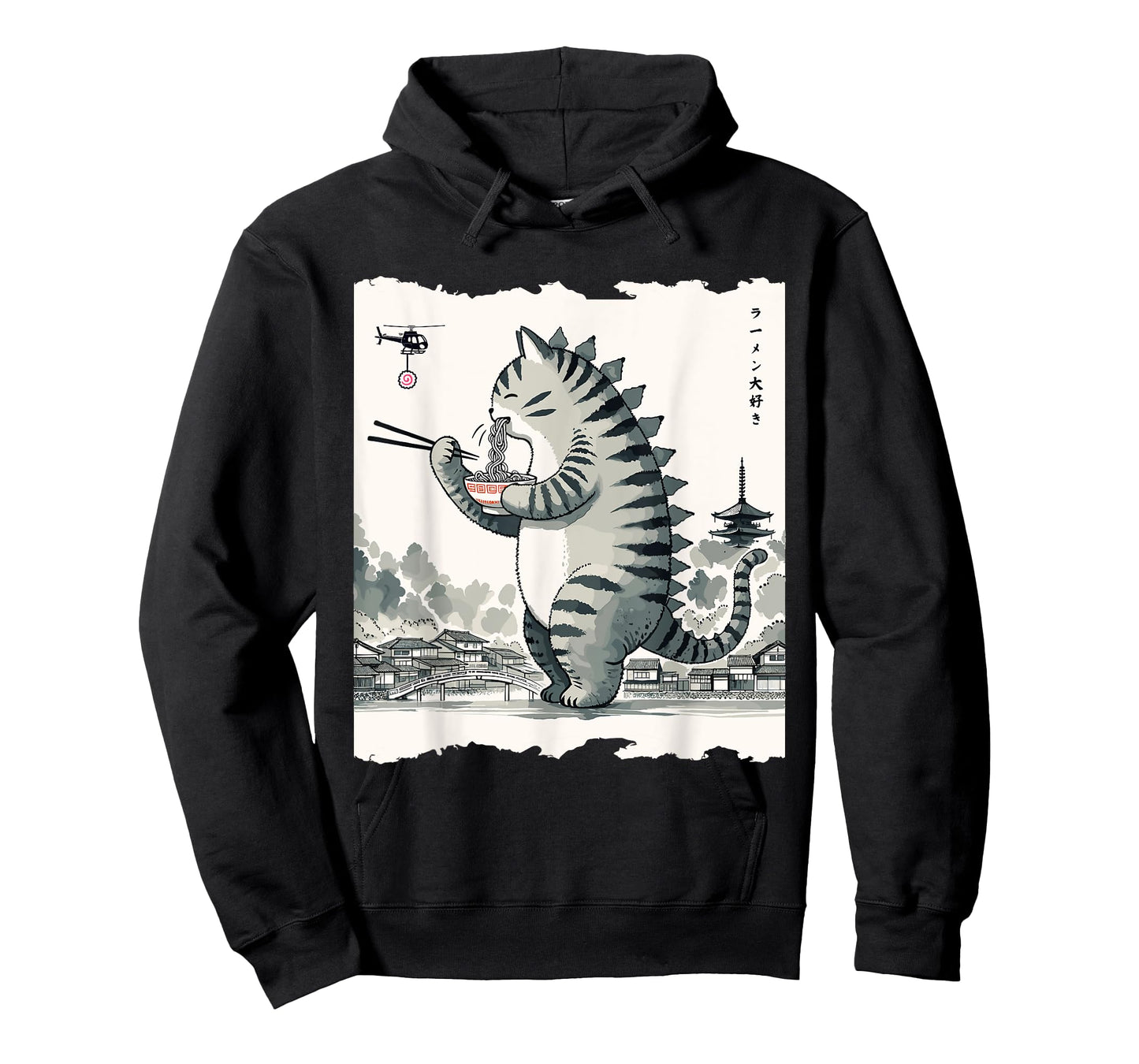 Nerrrdy Unisex-Adults Kids Cat Monster Kawaii Cat Ramen Catzilla T-Shirt Black Small