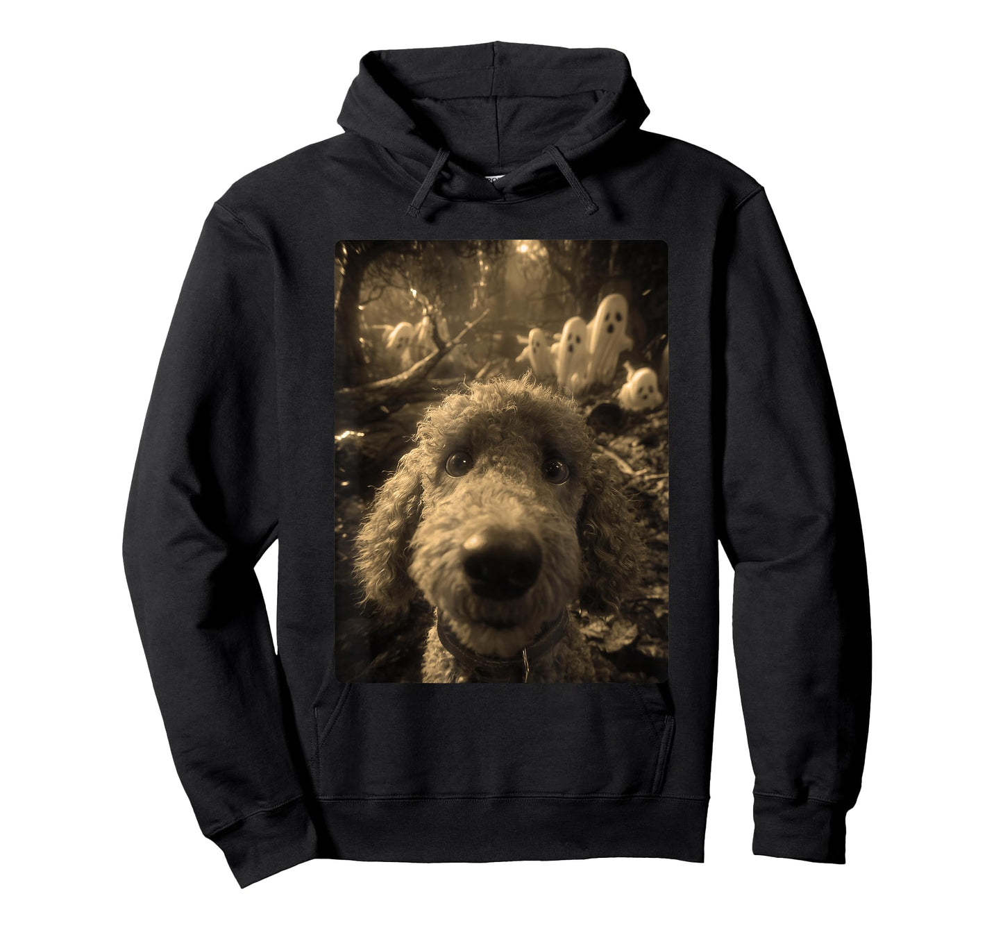 Vintage Poodle Selfie Ghosts Haunted Forest Halloween Dog T-Shirt