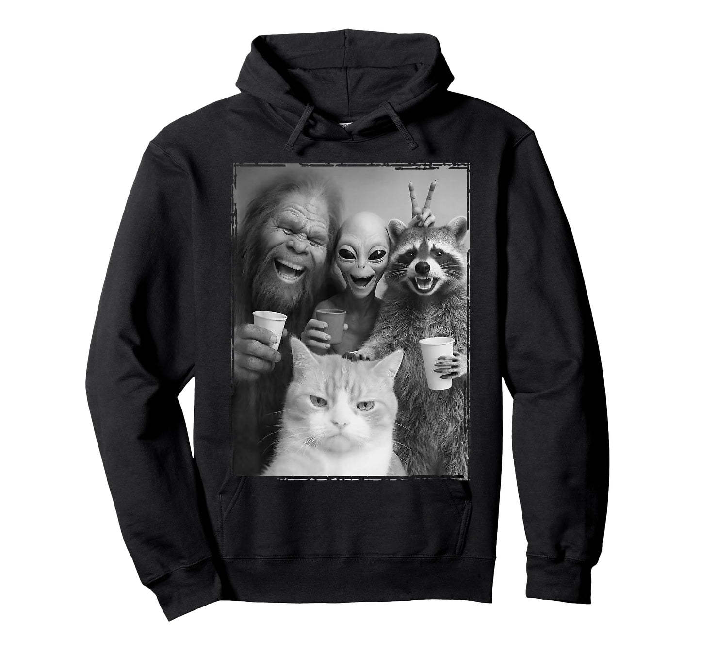 Cat Selfie with Bigfoot, Alien & Racoon | Funny Cat T-Shirt