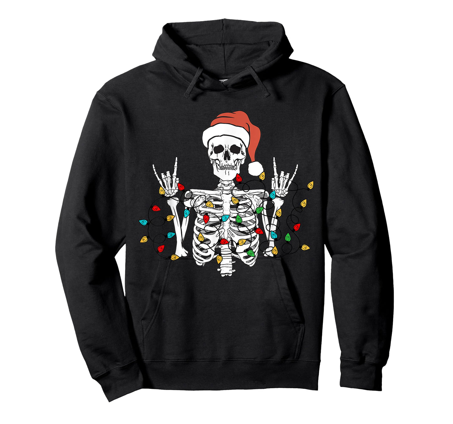 Christmas Skeleton Rocker Wrapped in Xmas Lights Santa Hat T-Shirt
