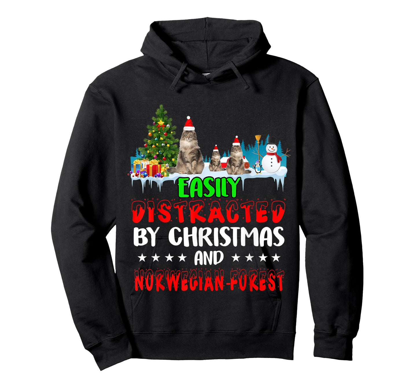 Easily Distracted by Christmas Norwegian Forest Cat on Snow T-Shirt