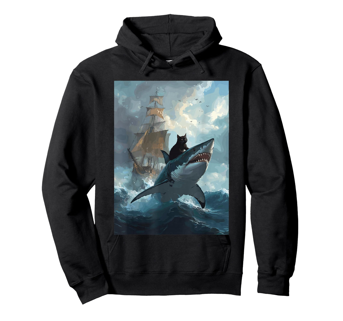 Cat Riding Shark Funny Art and Cat Lover Funny Cat and Shark T-Shirt