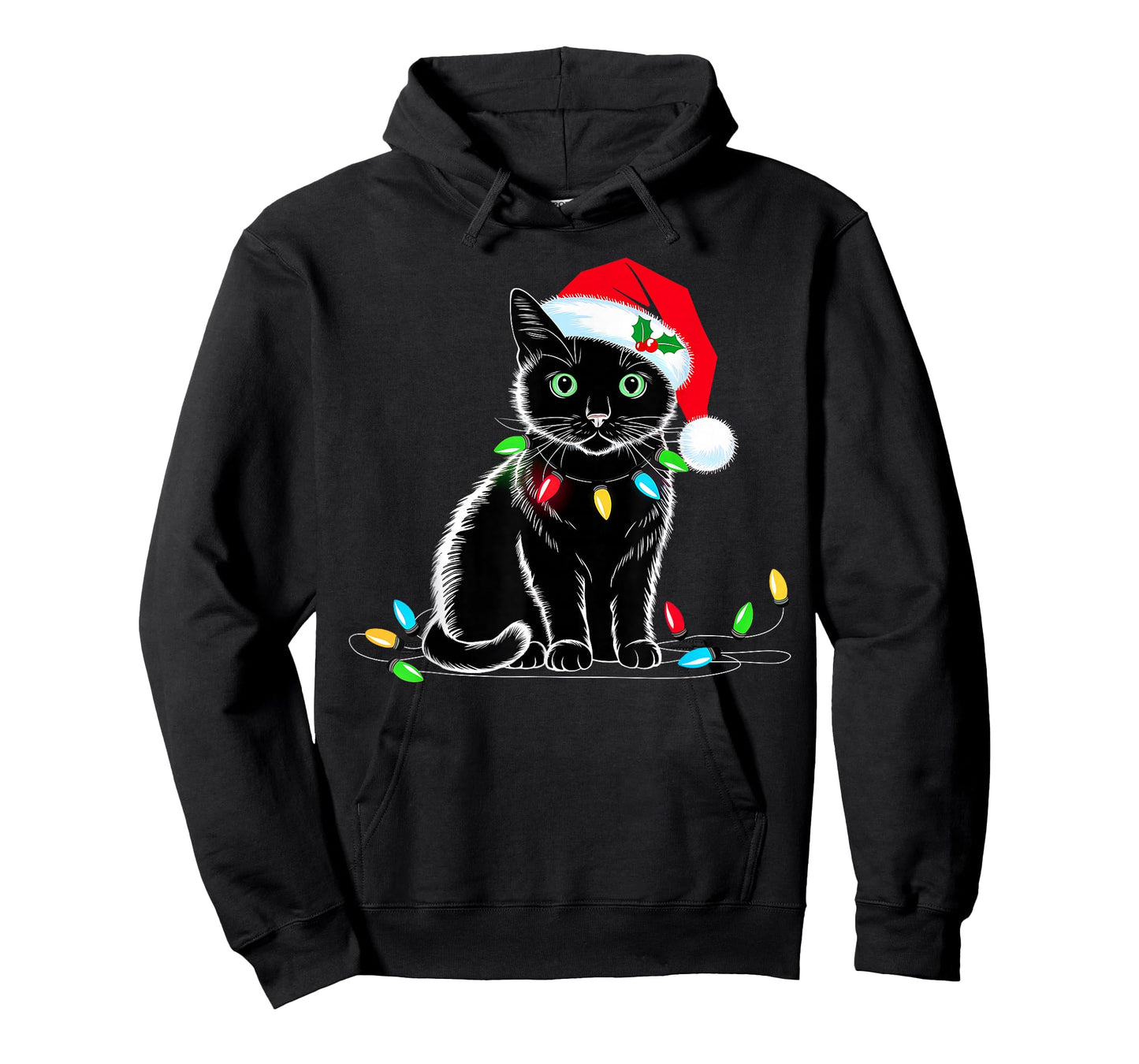 Black Cat Christmas Lights Santa Hat Funny Xmas Cat Lover Men Women Kids T-Shirt
