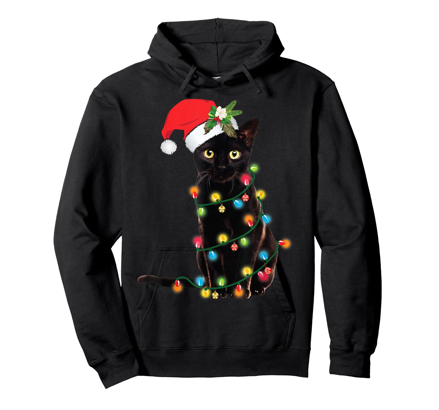 Santa Black Cat Tangled Up In Christmas Tree Lights Holiday T-Shirt