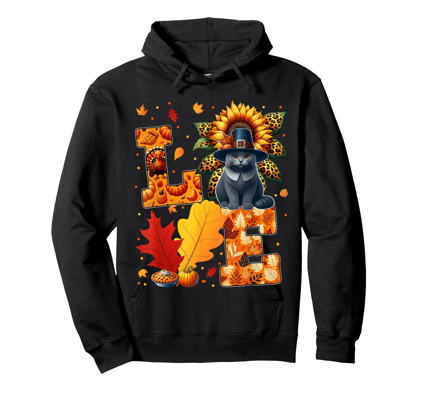 LOVE Thanksgiving Russian Blue Cat Costume Fall Leaves T-Shirt for Men Women Kids