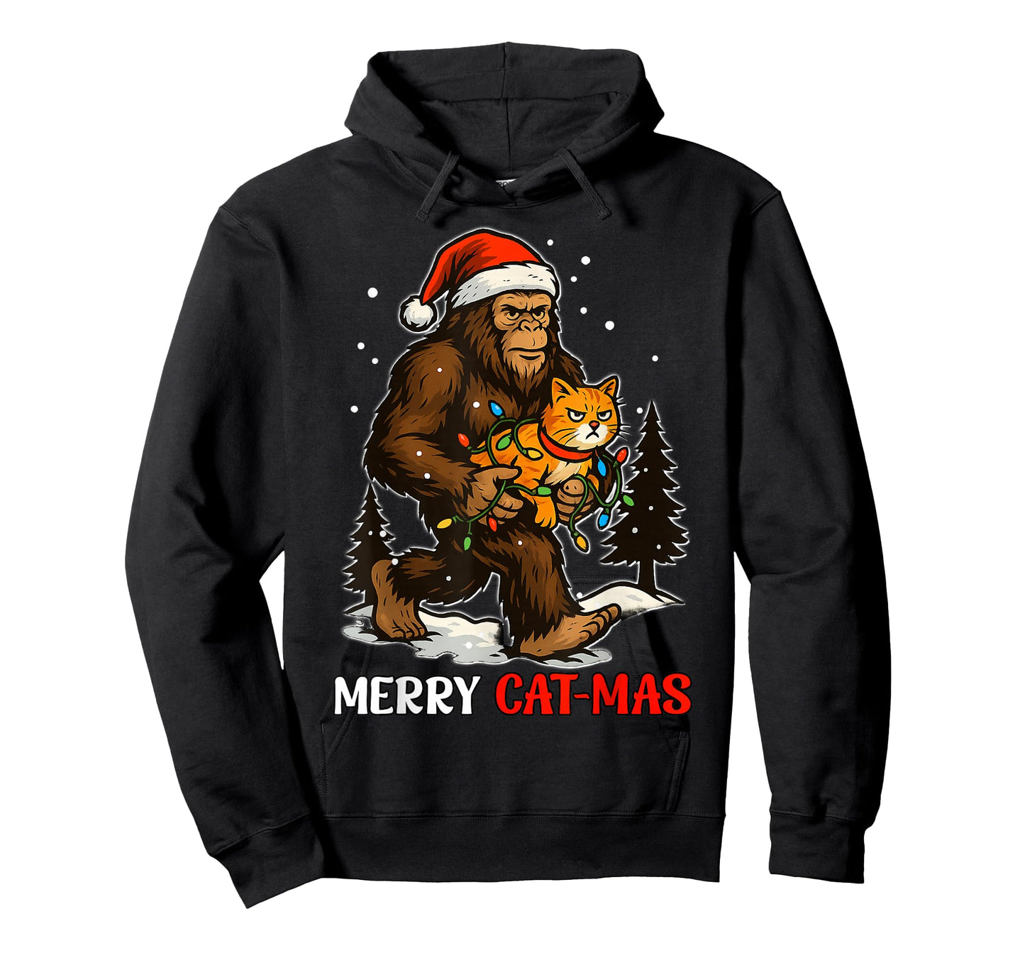 Merry Catmas Bigfoot and Lights Santa Hat Funny Cat Xmas T-Shirt