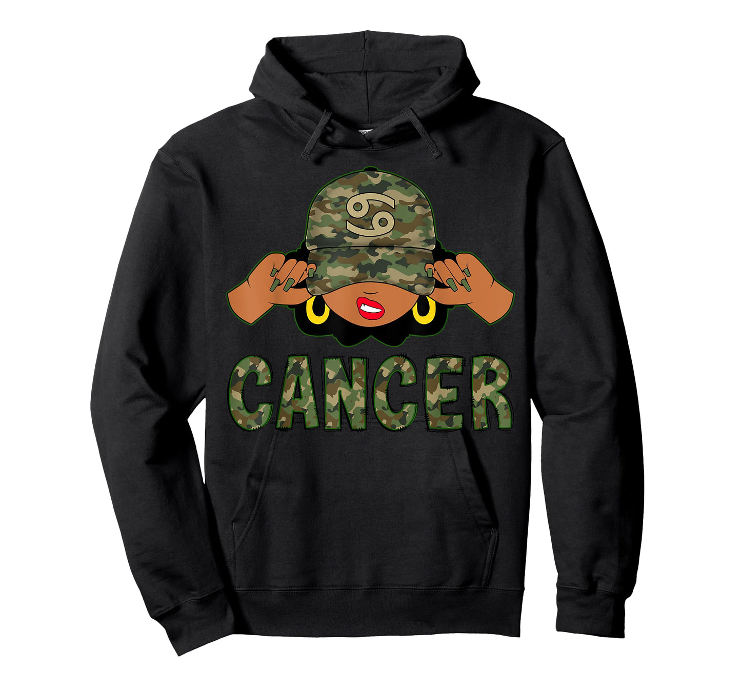 Cancer Queen Black Woman With Camo Cap Afro Girl Zodiac T-Shirt