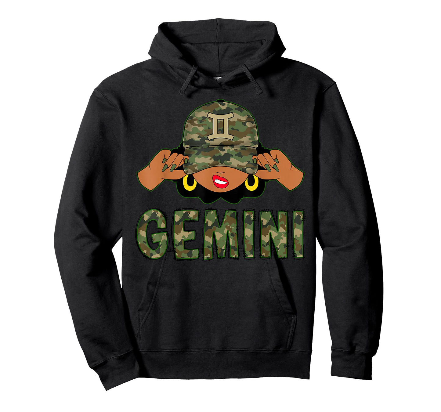 Gemini Queen Black Woman With Camo Cap Afro Girl Zodiac T-Shirt