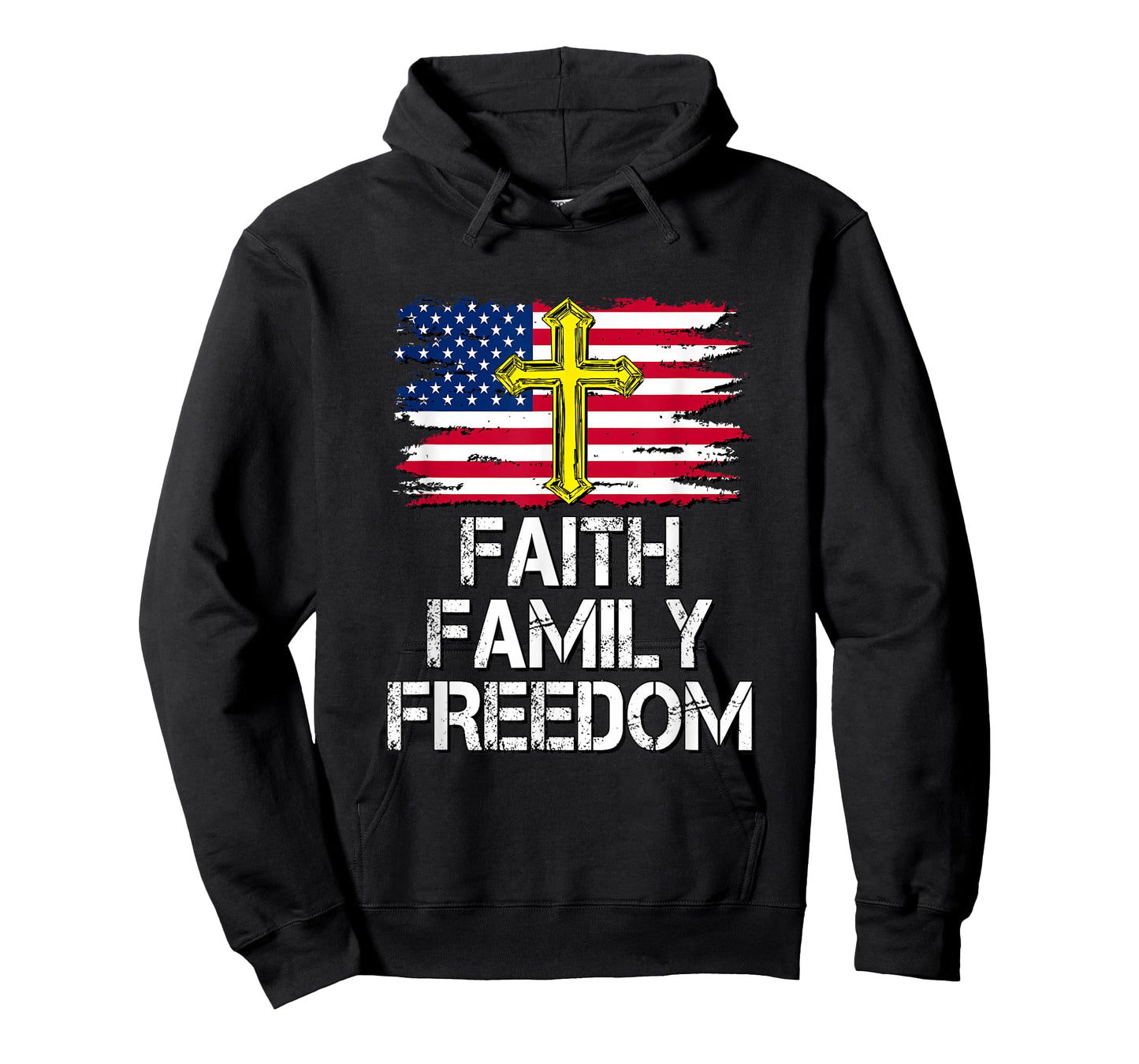Faith Family Freedom - American Flag and Cross - Distressed T-Shirt