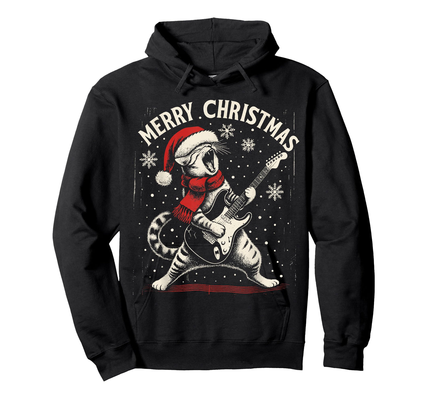 Funny Christmas Rock Cat Playing Guitar Santa Hat Music T-Shirt