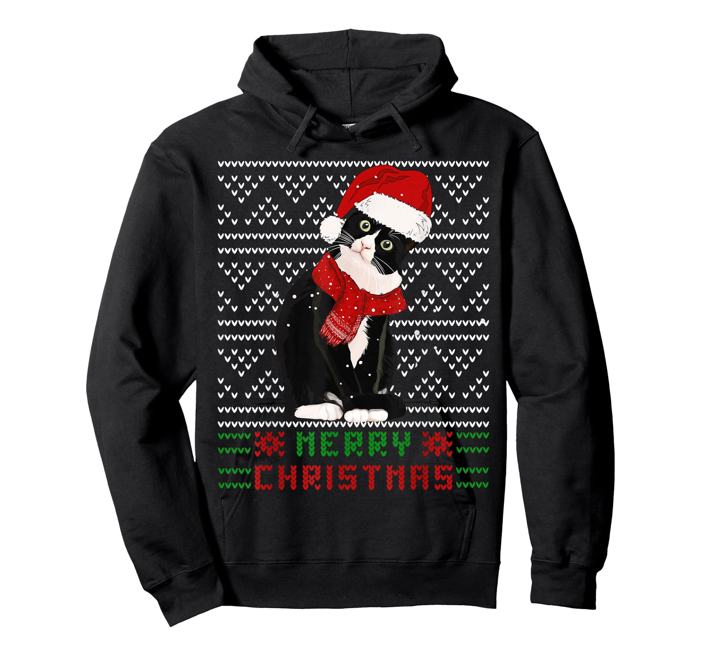 Ugly Christmas Black Cat Santa Hat Scarf Cute Tuxedo Cat Men Women Kids T-Shirt