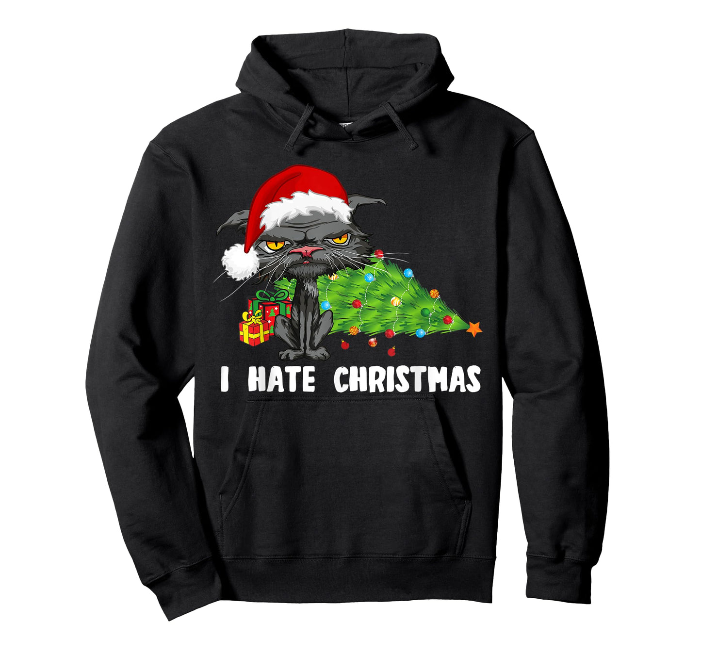 Anti Christmas I Hate Christmas Tree Bored Cat Santa Hat T-Shirt for Men Women Kids