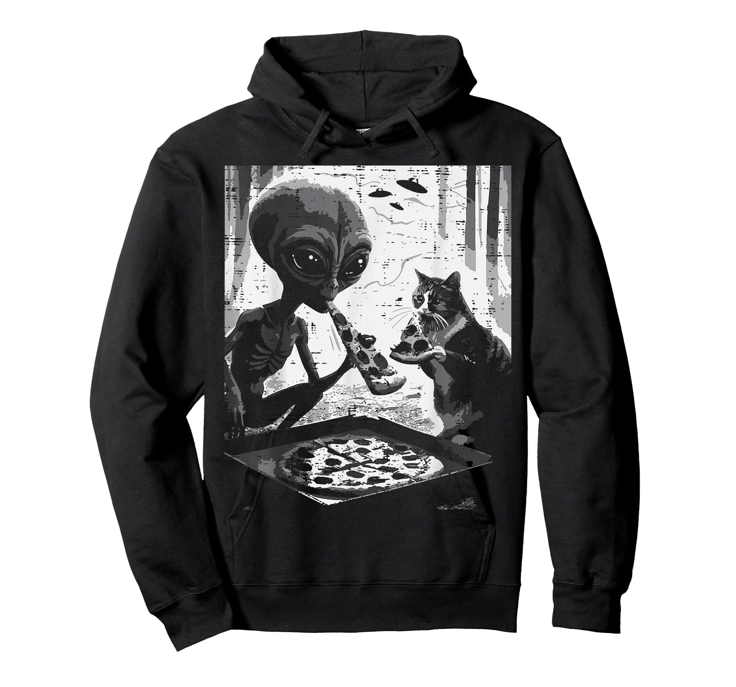 Alien and Cat Eating Pizza Funny Snack Food Men Women Kids T-Shirt