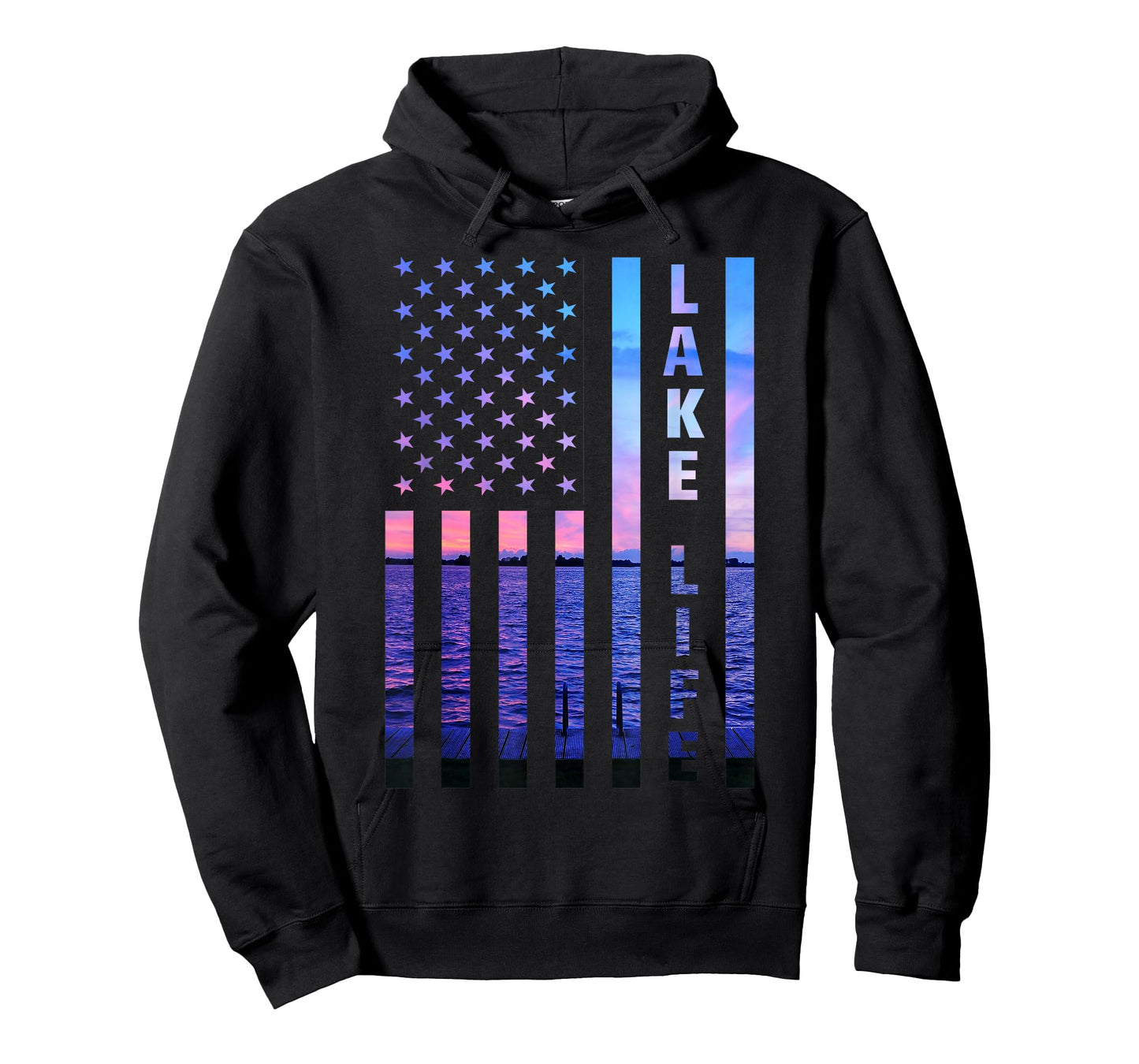 Lake Life American Flag Dock Sunset Wakeboarder Power Boat T-Shirt