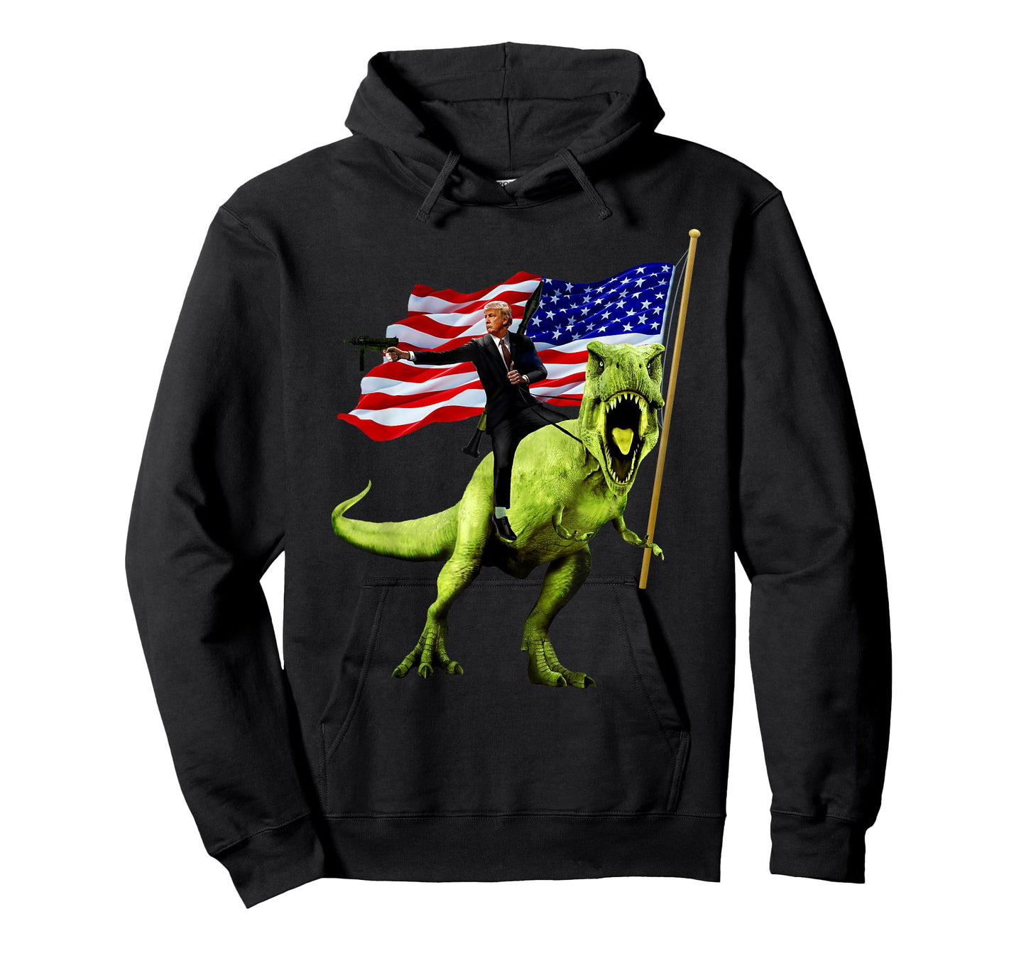 Epic Trump Riding T Rex Holding A Gun With USA Flag Shirt Women Men T-Shirt