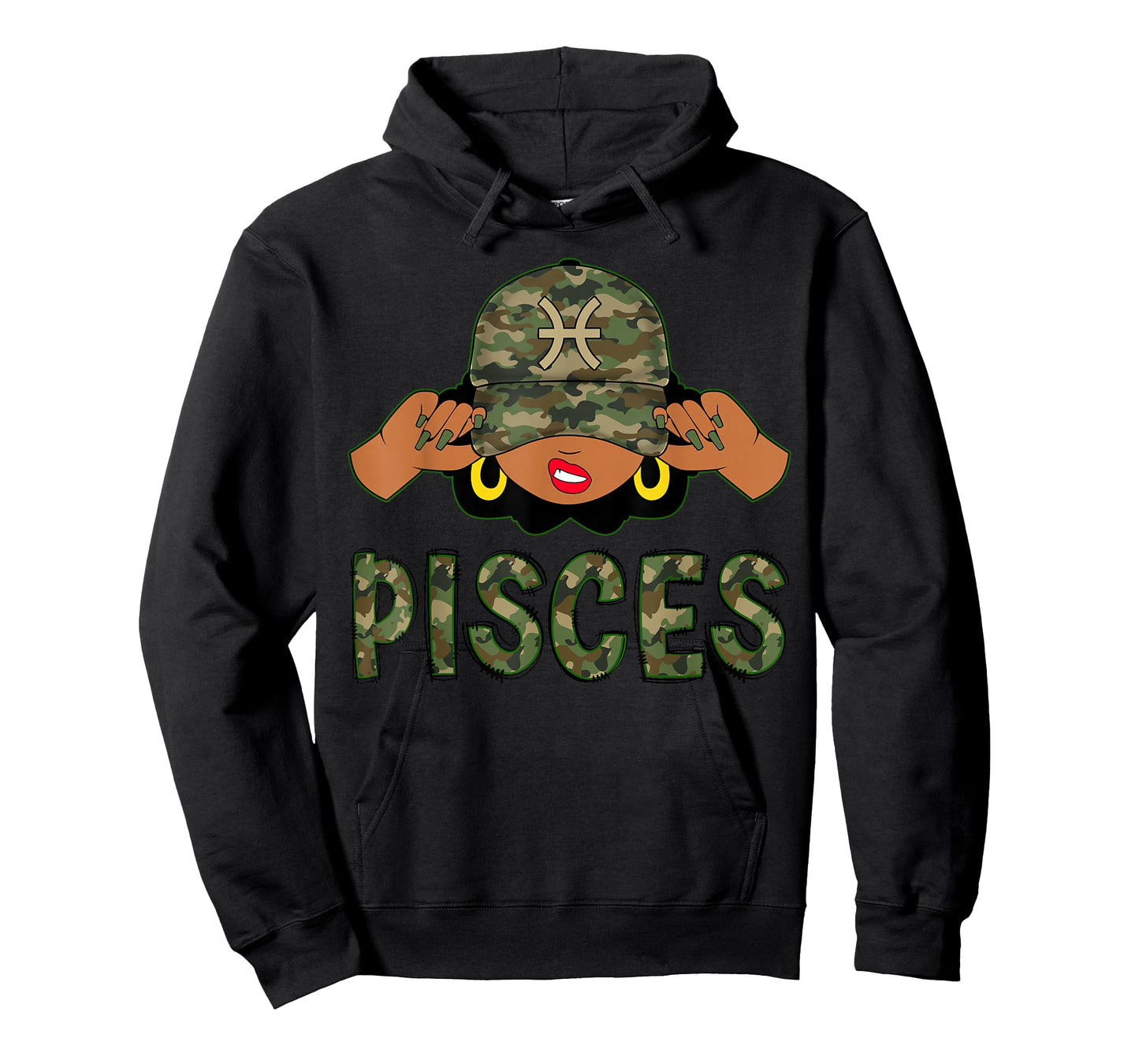 Pisces Queen Black Woman With Camo Cap Afro Girl Zodiac T-Shirt