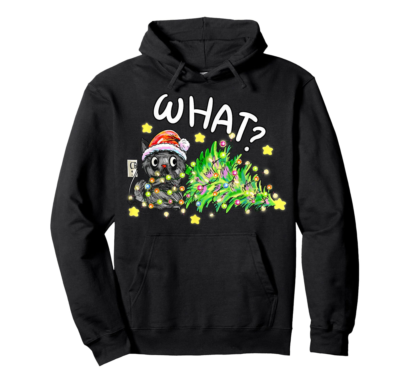 Funny Black Cat Gift Pushing Christmas Tree Over Cat What? T-Shirt