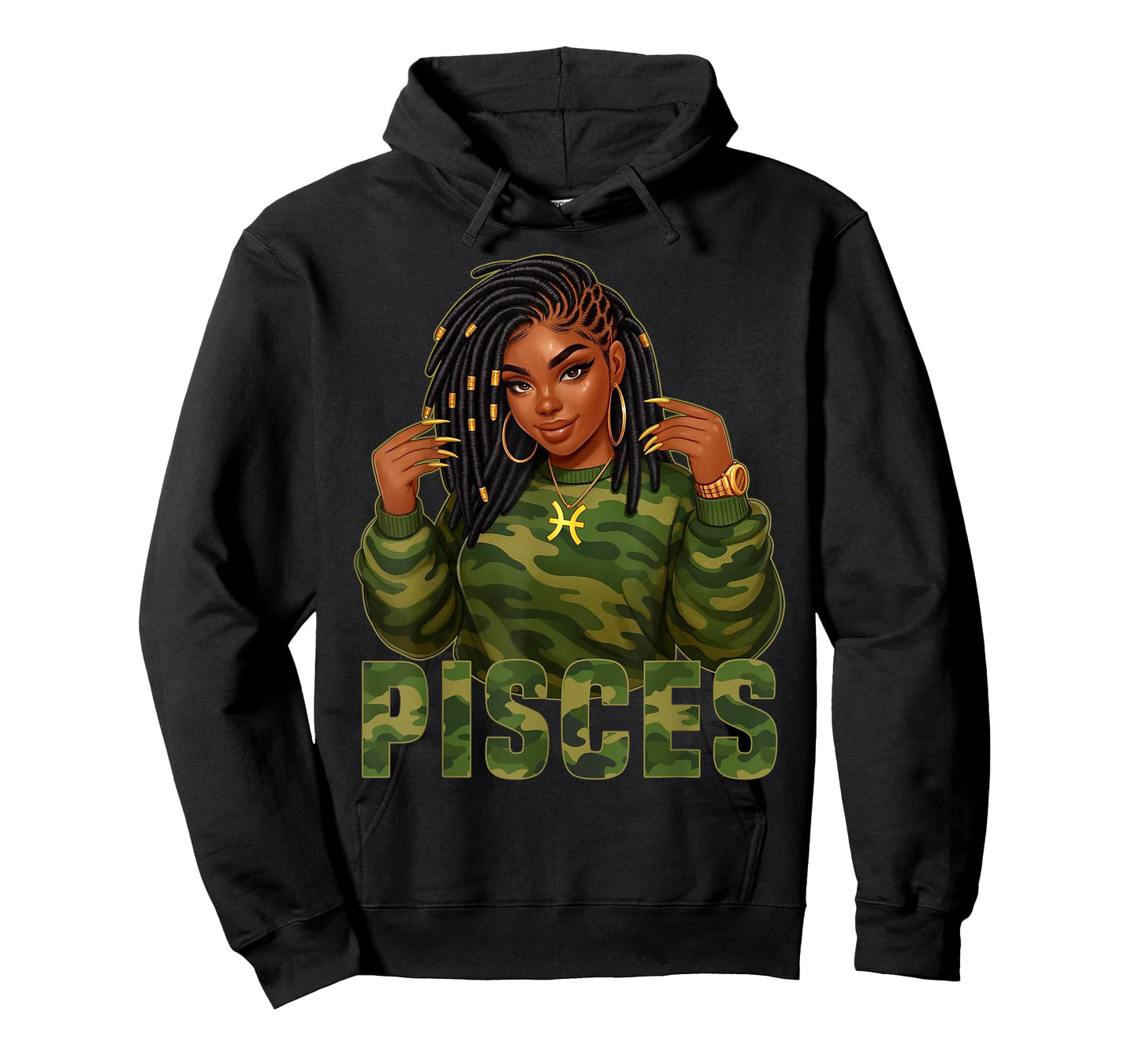 Pisces Queen Loc'd Black Woman Camo Zodiac Sign T-Shirt
