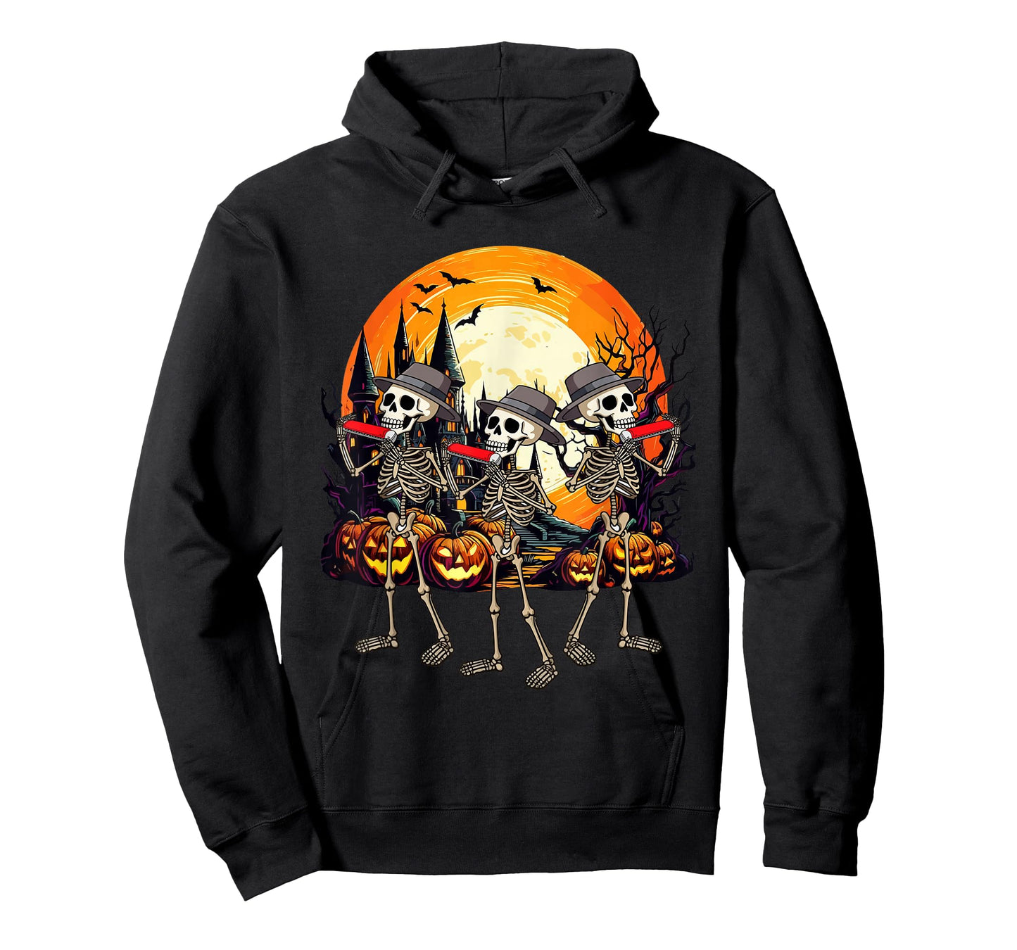 Three Funny Skeletons Playing Harmonica Halloween Instrument T-Shirt