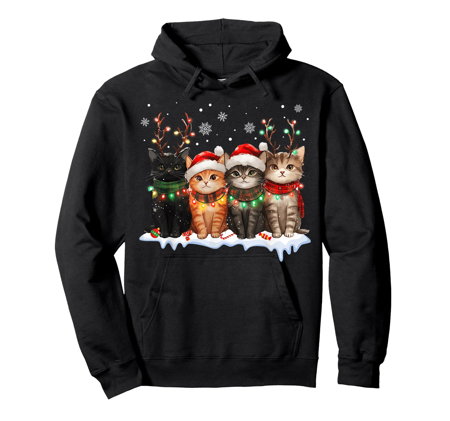 Cat Christmas Light Reindeer Santa Christmas Cat Lover T-Shirt