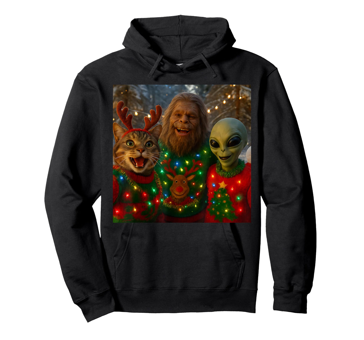 Funny Christmas Cat Selfie with Bigfoot Alien Ugly Sweater T-Shirt