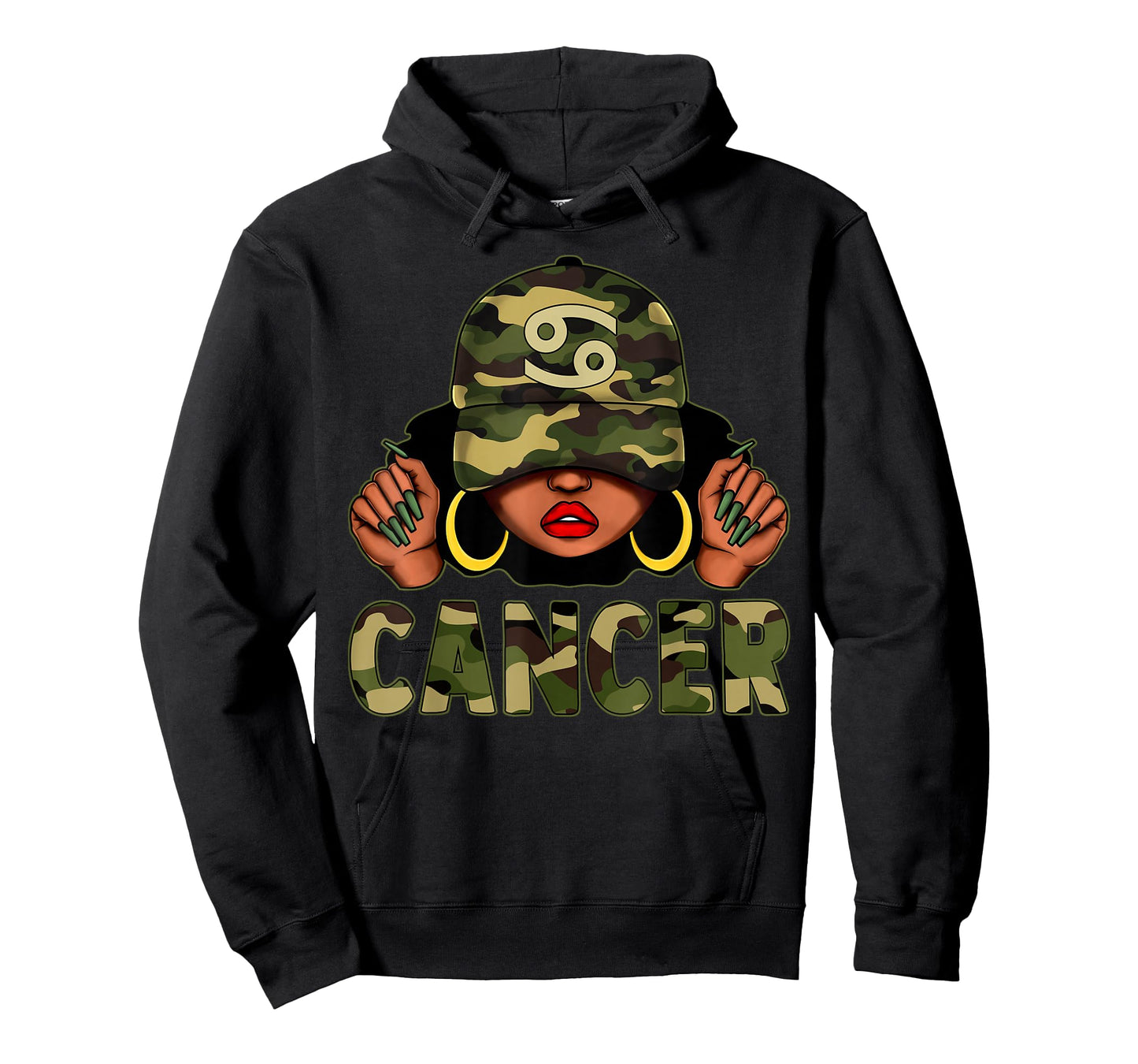 Cancer Queen Black Woman with Cap Camo Afro Girl Zodiac T-Shirt