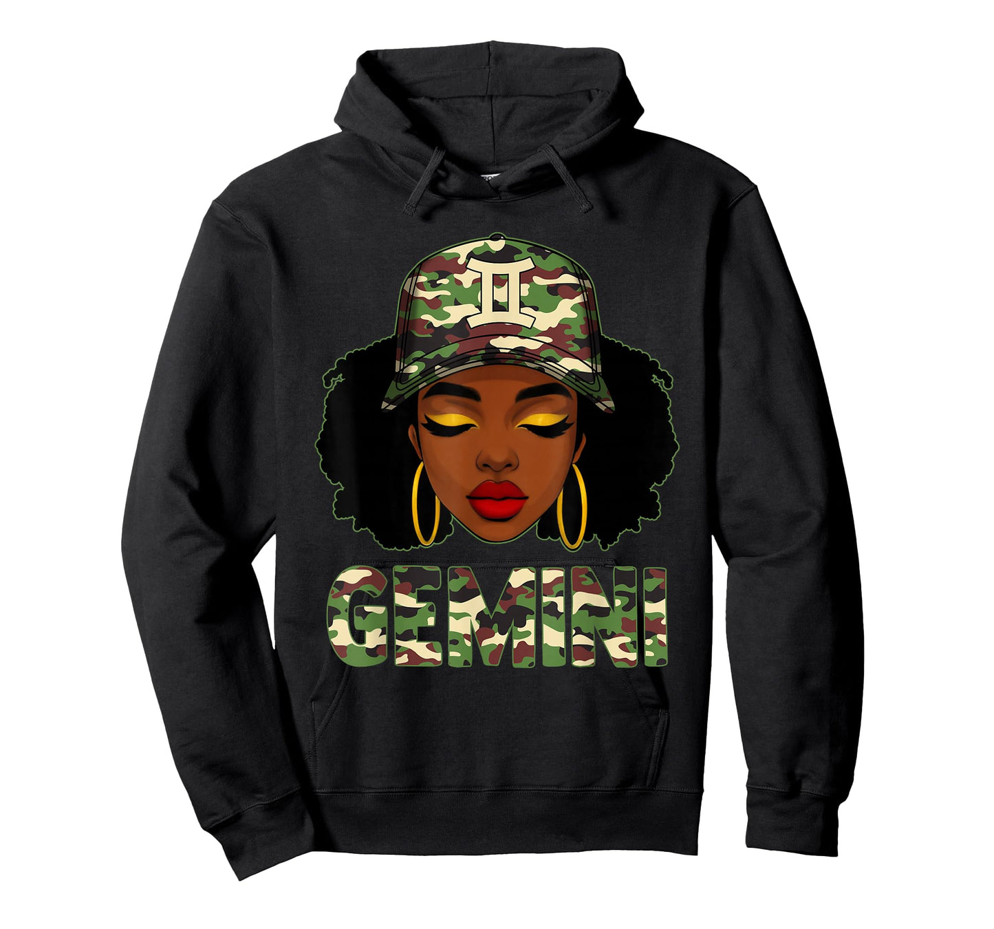 Gemini Queen Black Woman with Camo Cap Afro Girl Zodiac T-Shirt