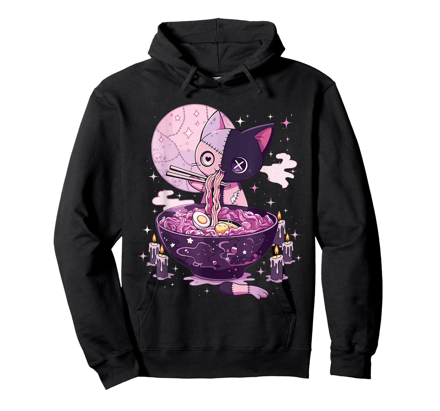 Kawaii Pastel Goth Zombie Patchwork Cat Eating Ramen Noodles T-Shirt