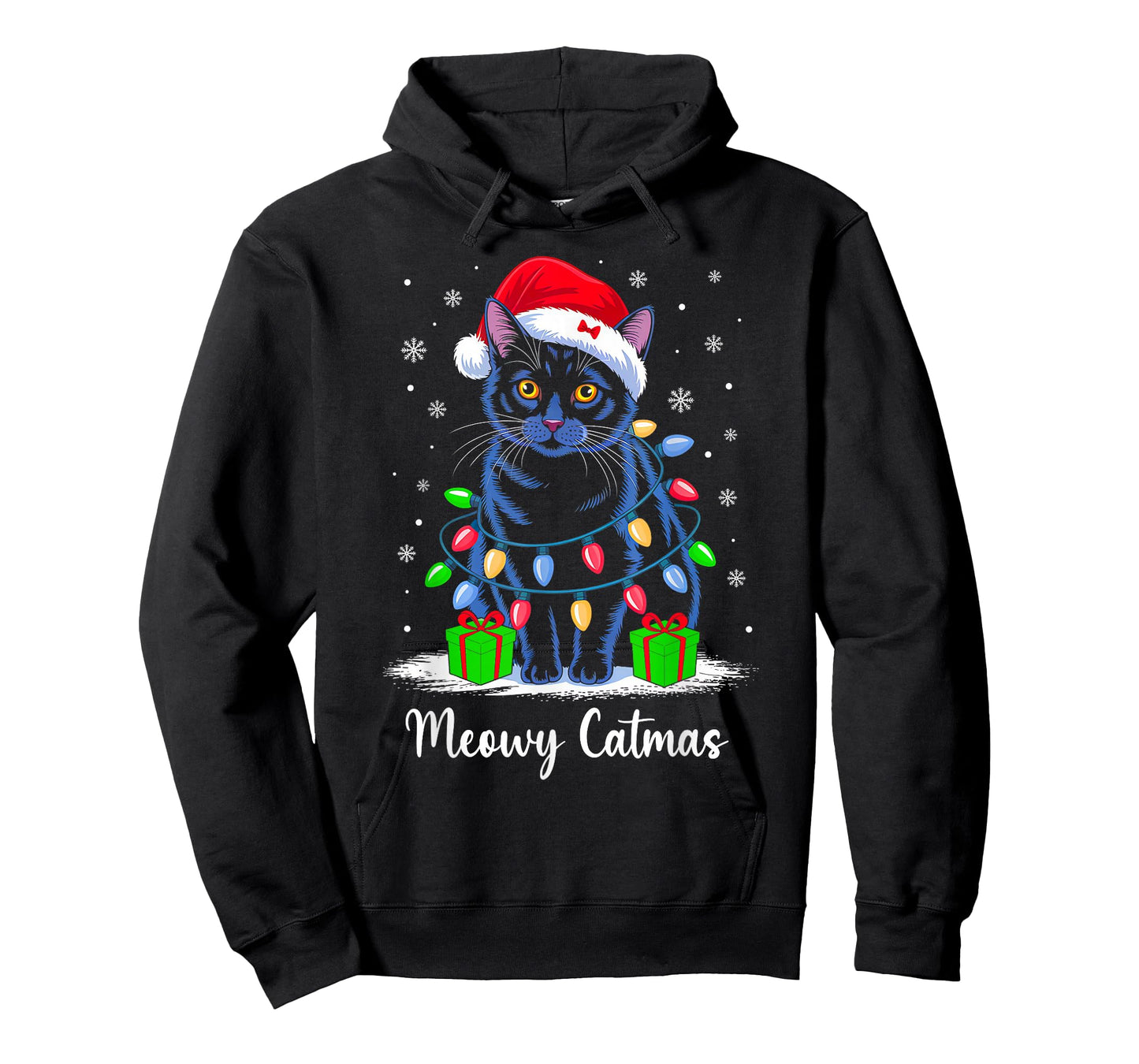 Meowy Catmas Xmas Lights Red Santa Hat Christmas Cat Lover T-Shirt