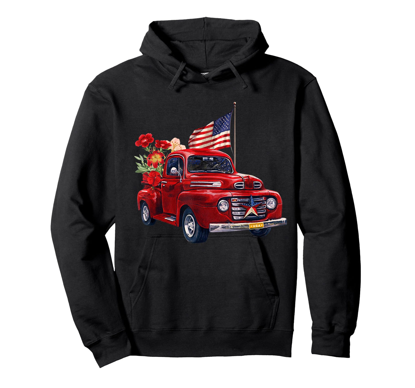 Red Truck With Flowers American Flag Happy 4th Of July Women Men T-Shirt