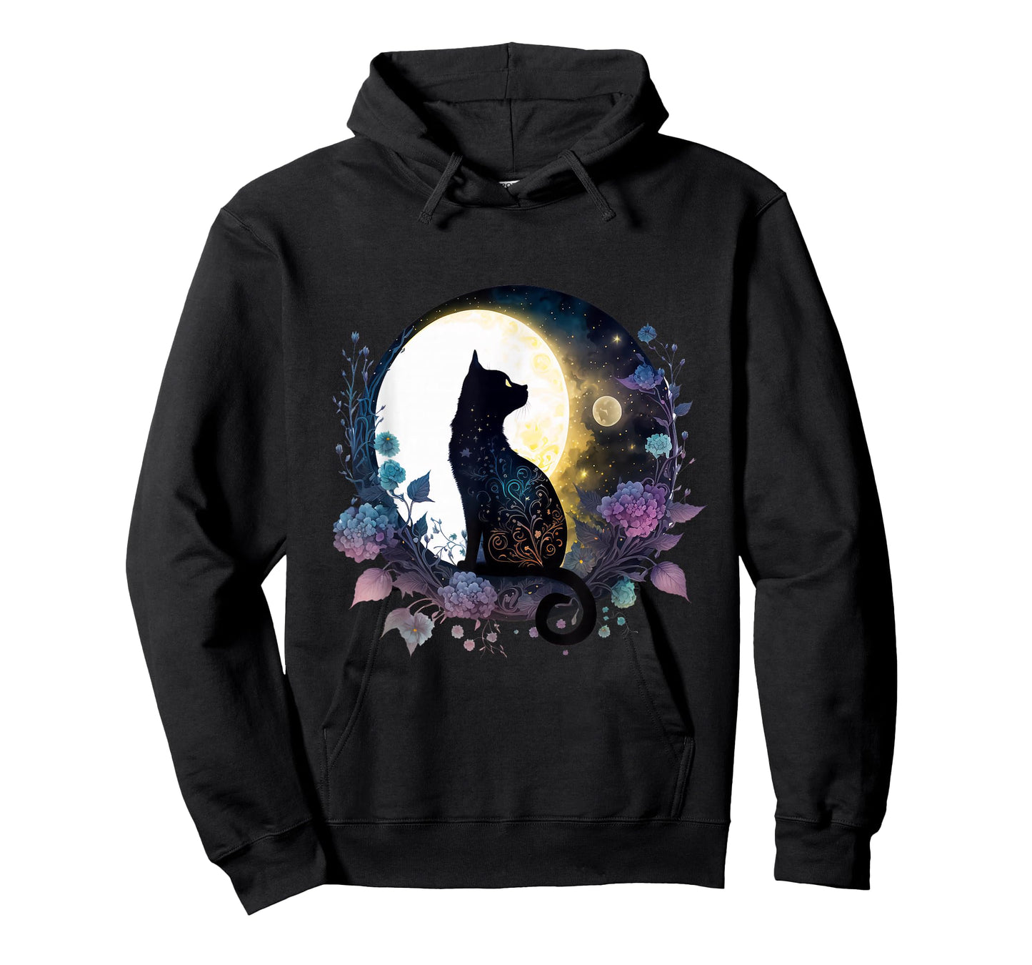 Moonlit Black Cat Tee – Lunar Floral Night Cat T-Shirt