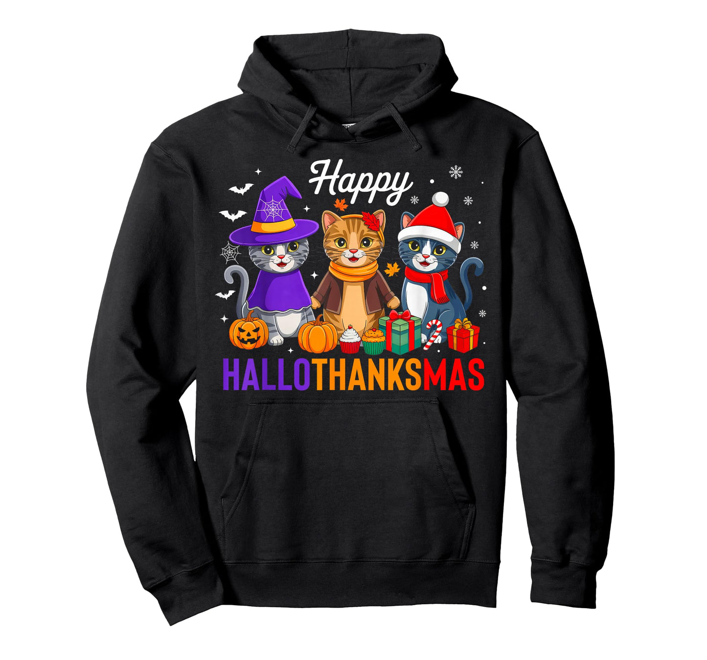 Happy Hallothanksmas Cat Halloween Thanksgiving Christmas T-Shirt