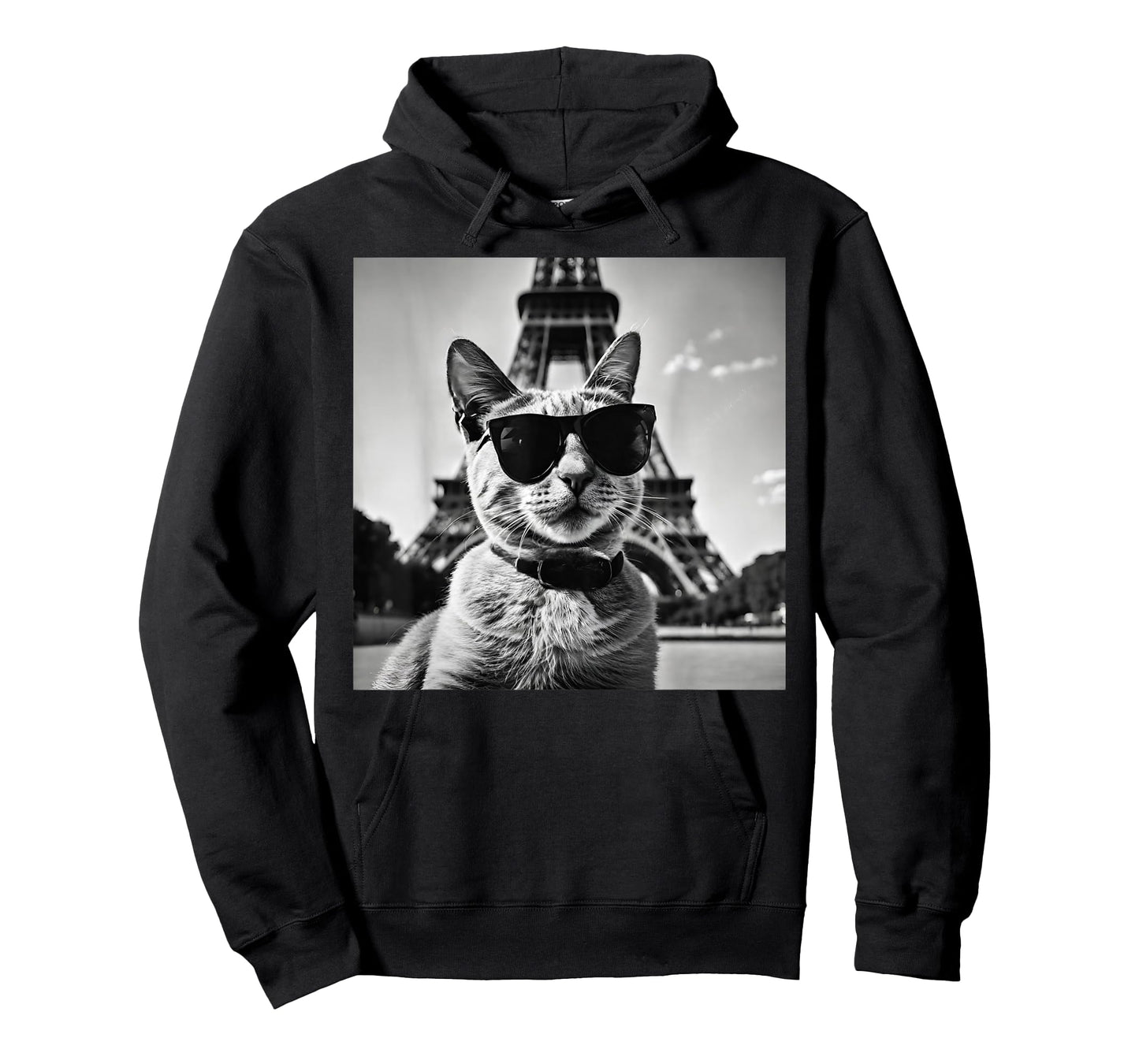 Funny French Cat Wearing Sunglasses and Paris Eiffel Tower T-Shirt