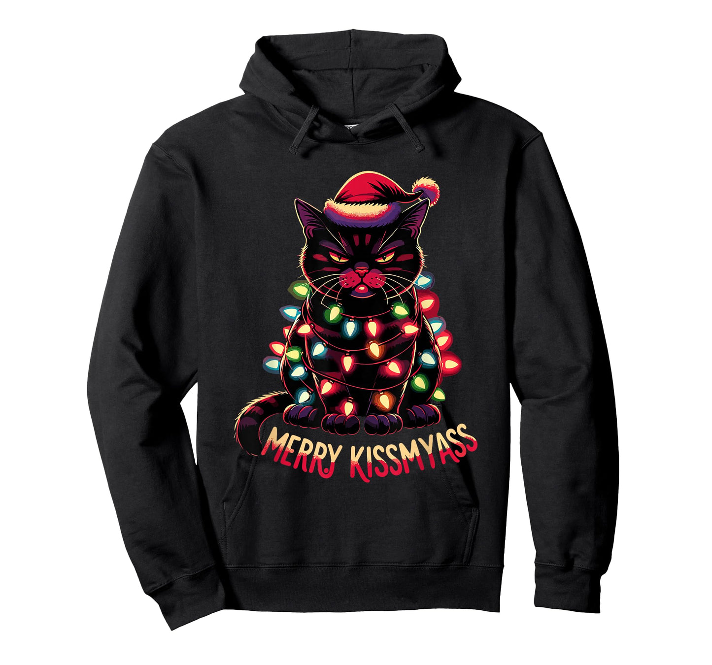 Merry Kissmyass Funny Black Cat Christmas Lights Santa Hat T-Shirt
